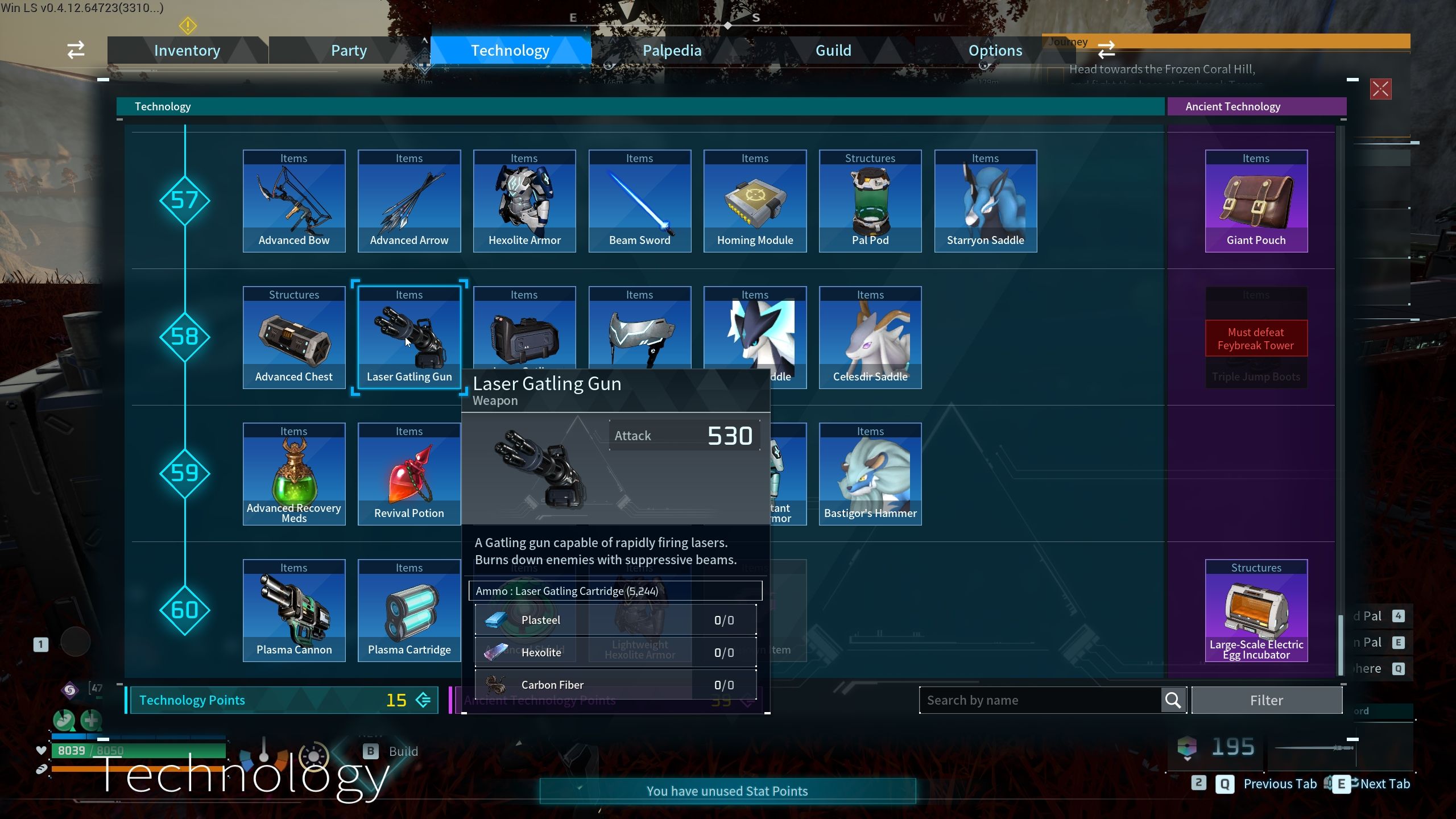 Laser Gatling Gun in the technology menu - Palworld