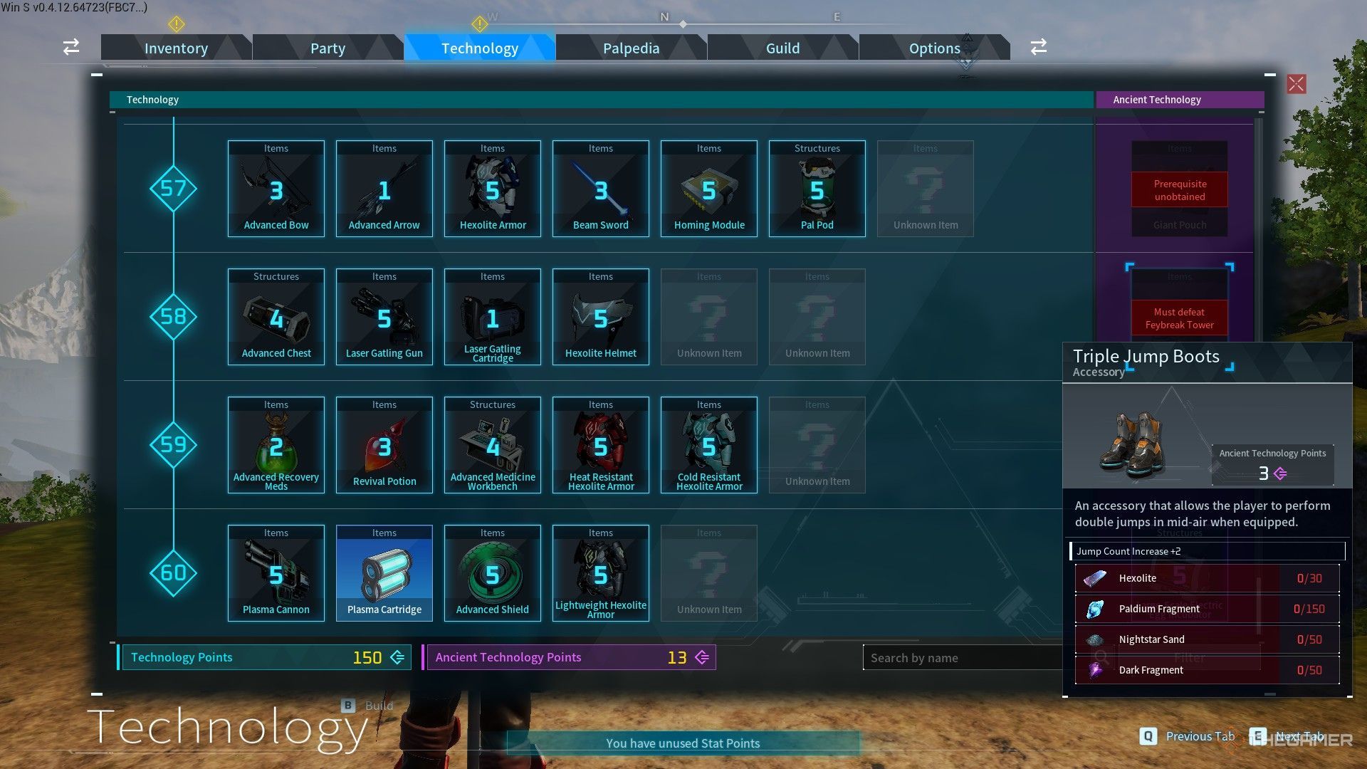 The image shows the Triple Jump Boots in the Technology tab in Palworld.