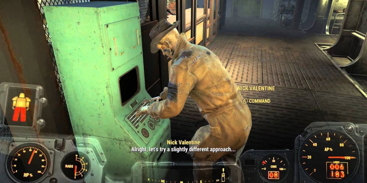 Nick Valentine hunched over, Hacking A rusty green Terminal in Fallout 4