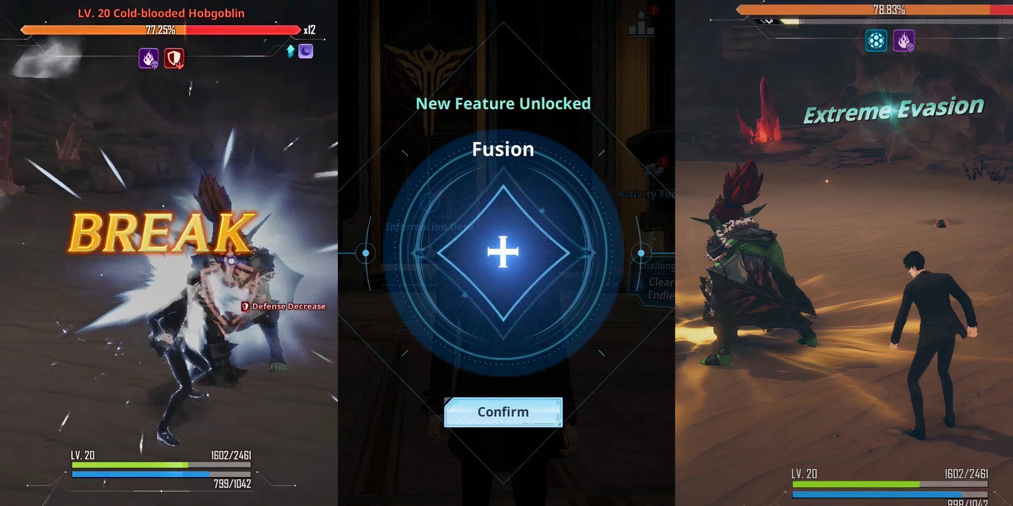 Jinwoo breaking enmy break gauge - left, fusion feature unlocked - middle, jinwoo performing extreme evasion  - right