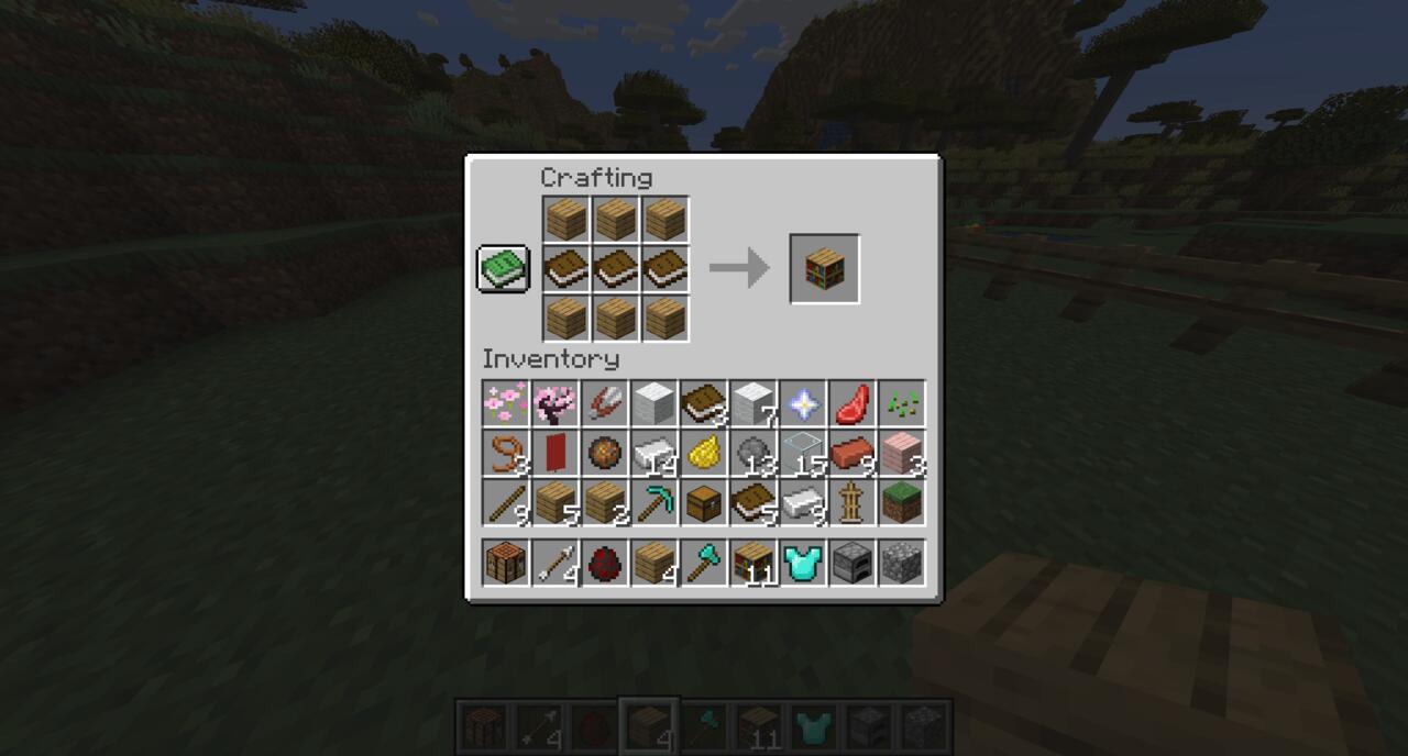 The crafting recipe for a bookshelf in Minecraft