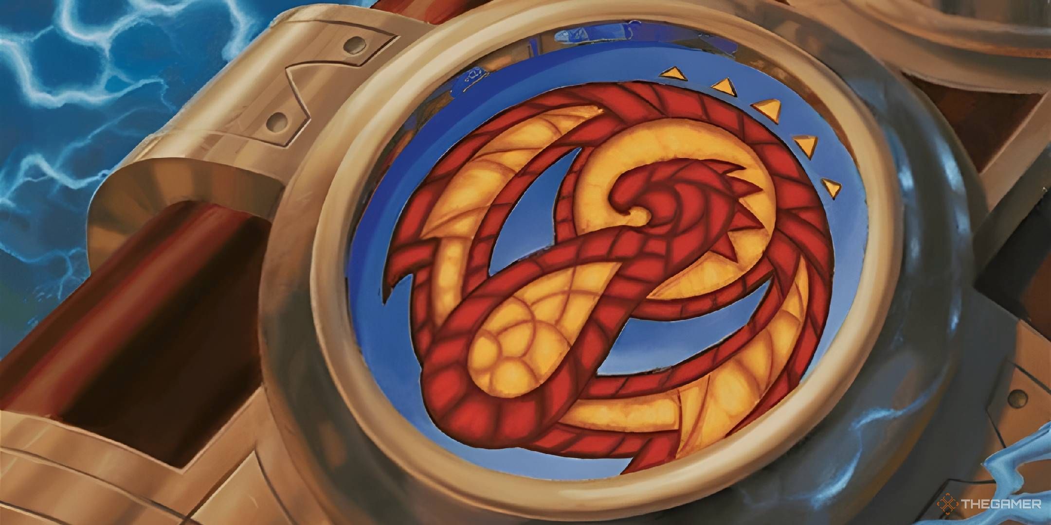 A stained-glass Izzet logo showing a red dragon on a blue background, built into a copper and brass cylinder with lightning arcing in the background.