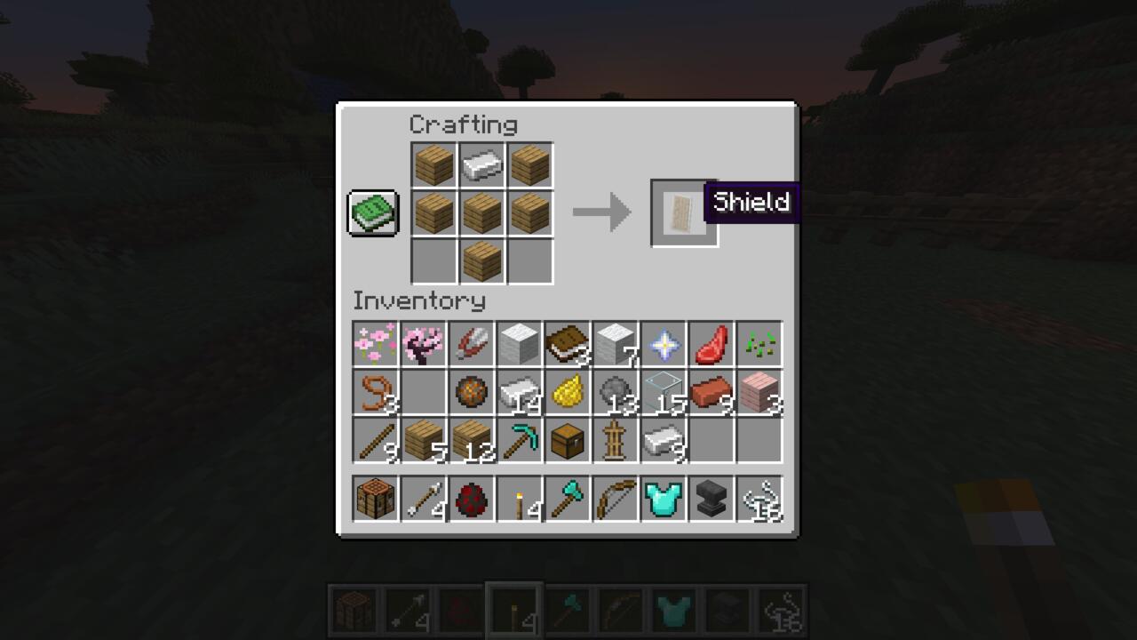 The crafting recipe for a shield in Minecraft