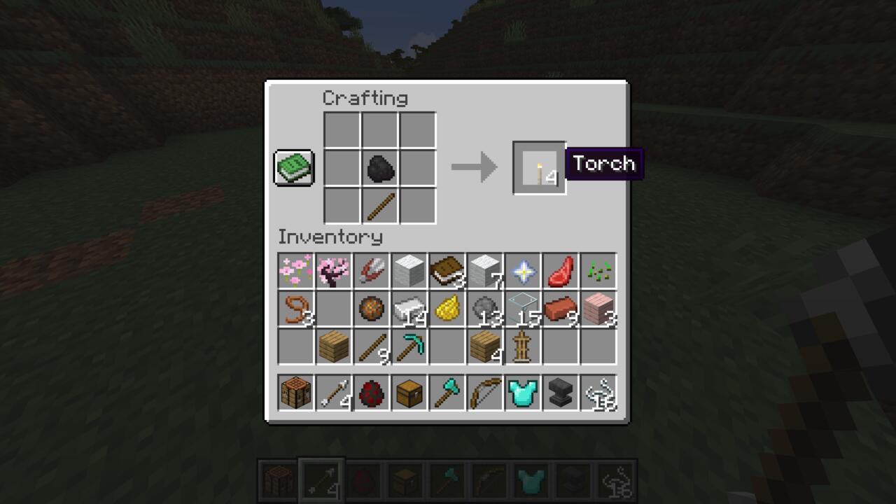 The crafting recipe for a torch in Minecraft