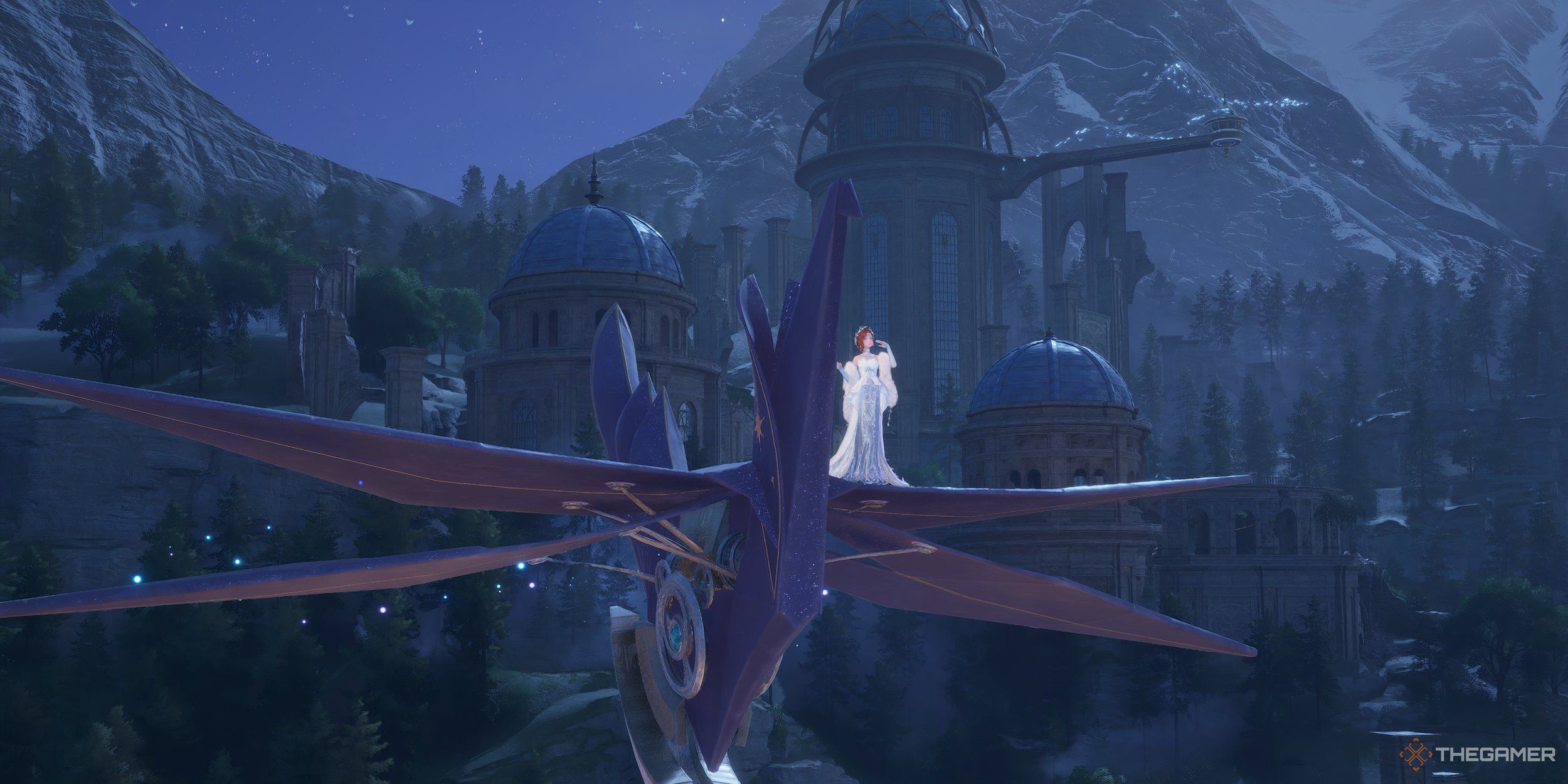 Nikki riding the Blue Grand Crane across the night sky with the dream warehouse in the background.