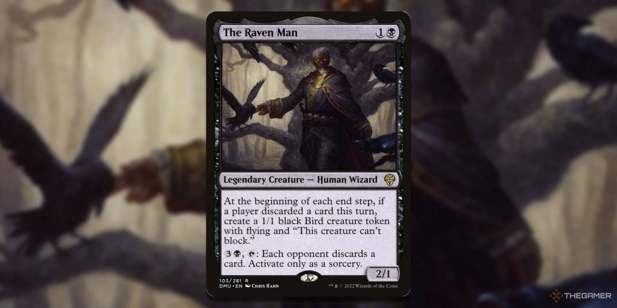 MTG The Raven Man card with the art in the background.