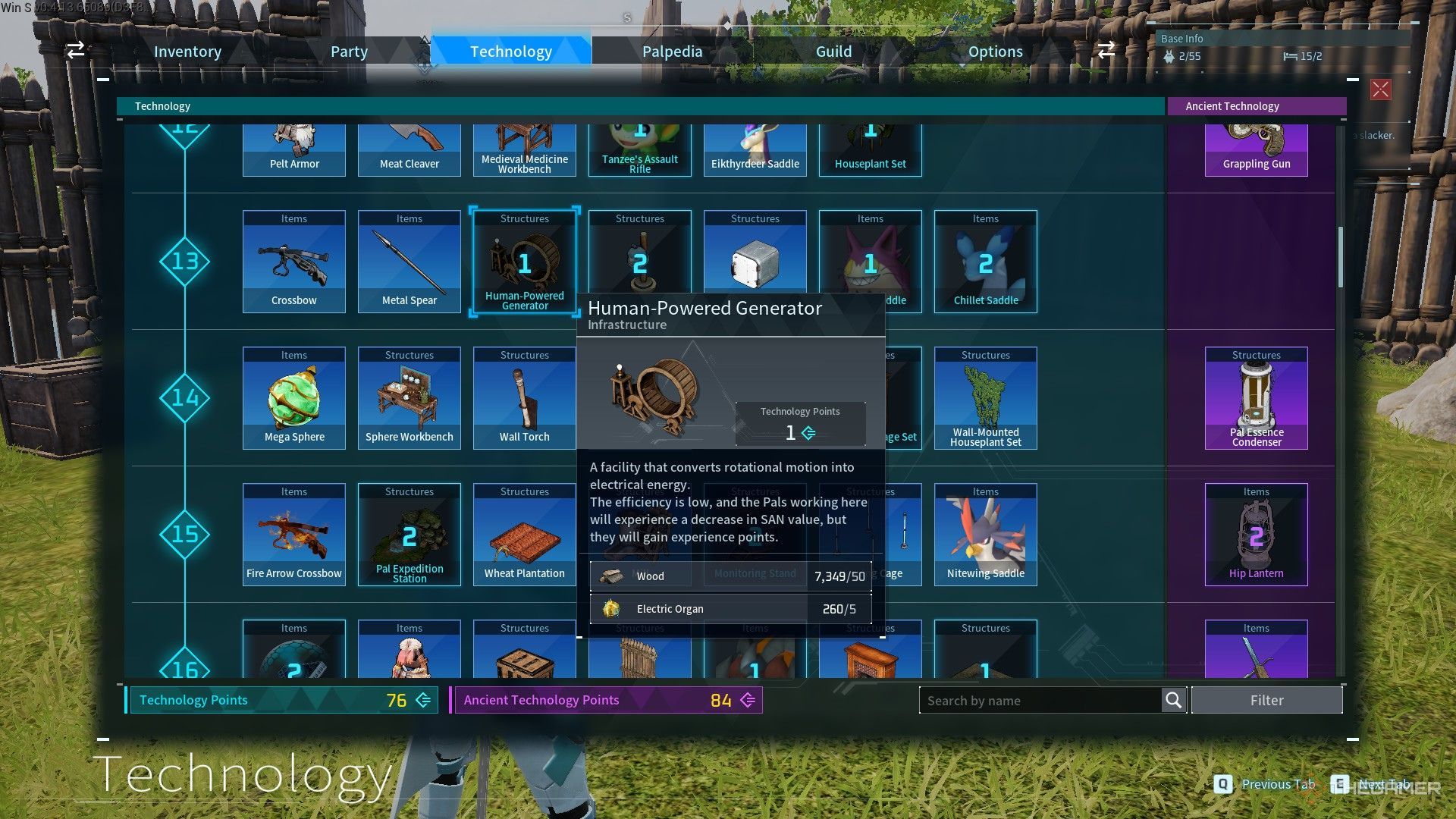 The image shows the Human-Powered Generator in the Technology menu in Palworld.