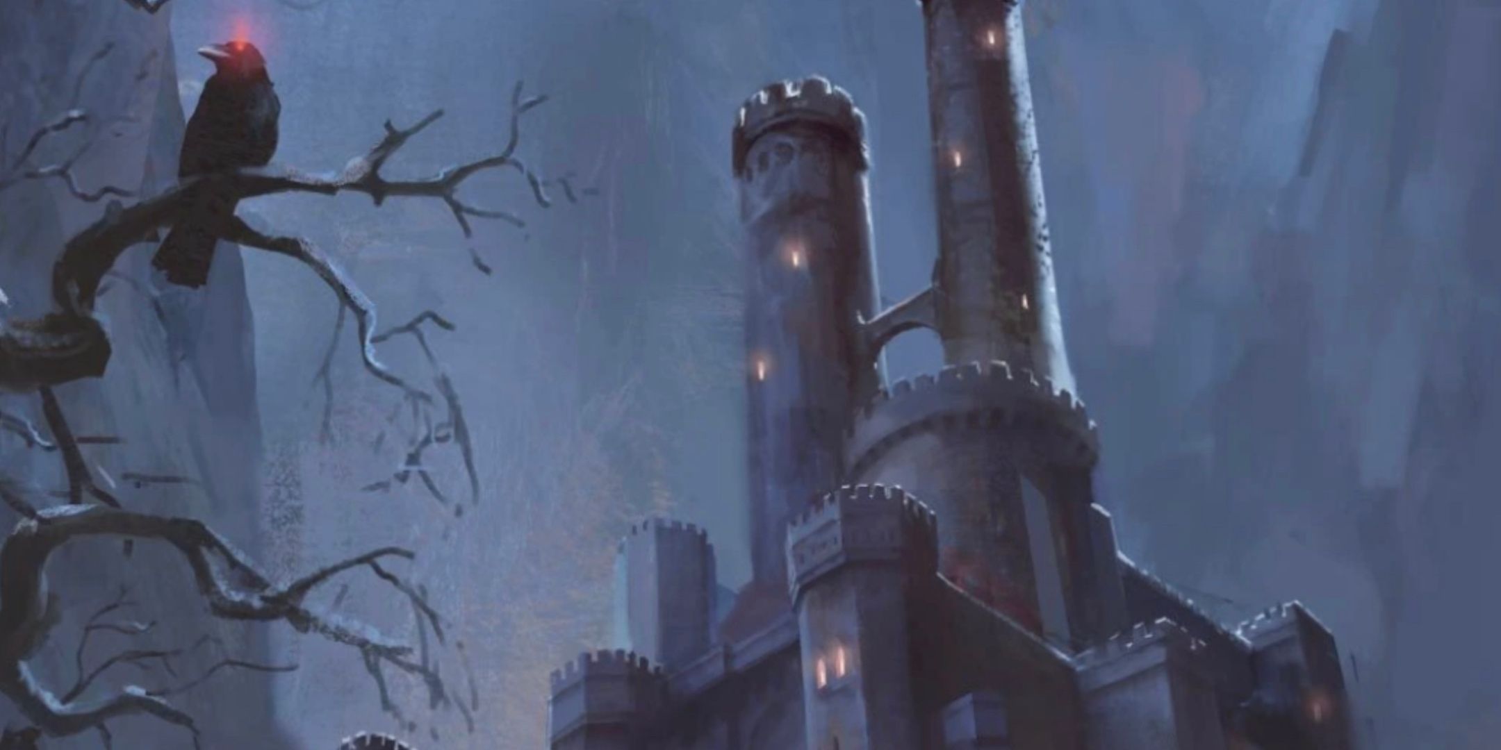 Castle Ravenloft looms above a tree. A raven sits on a branch, eyes glowing red.