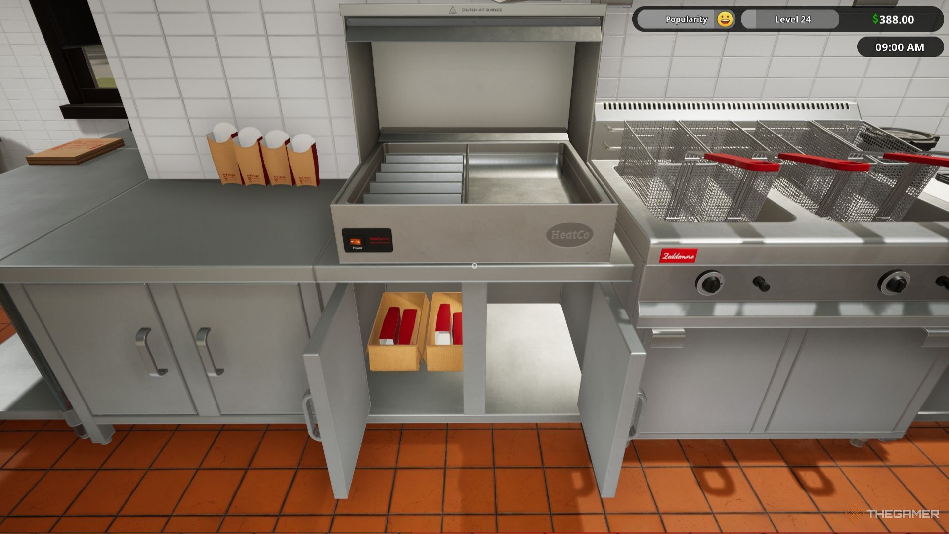 The image shows French Fry cups stored in a cabinet in Fast Food Simulator.