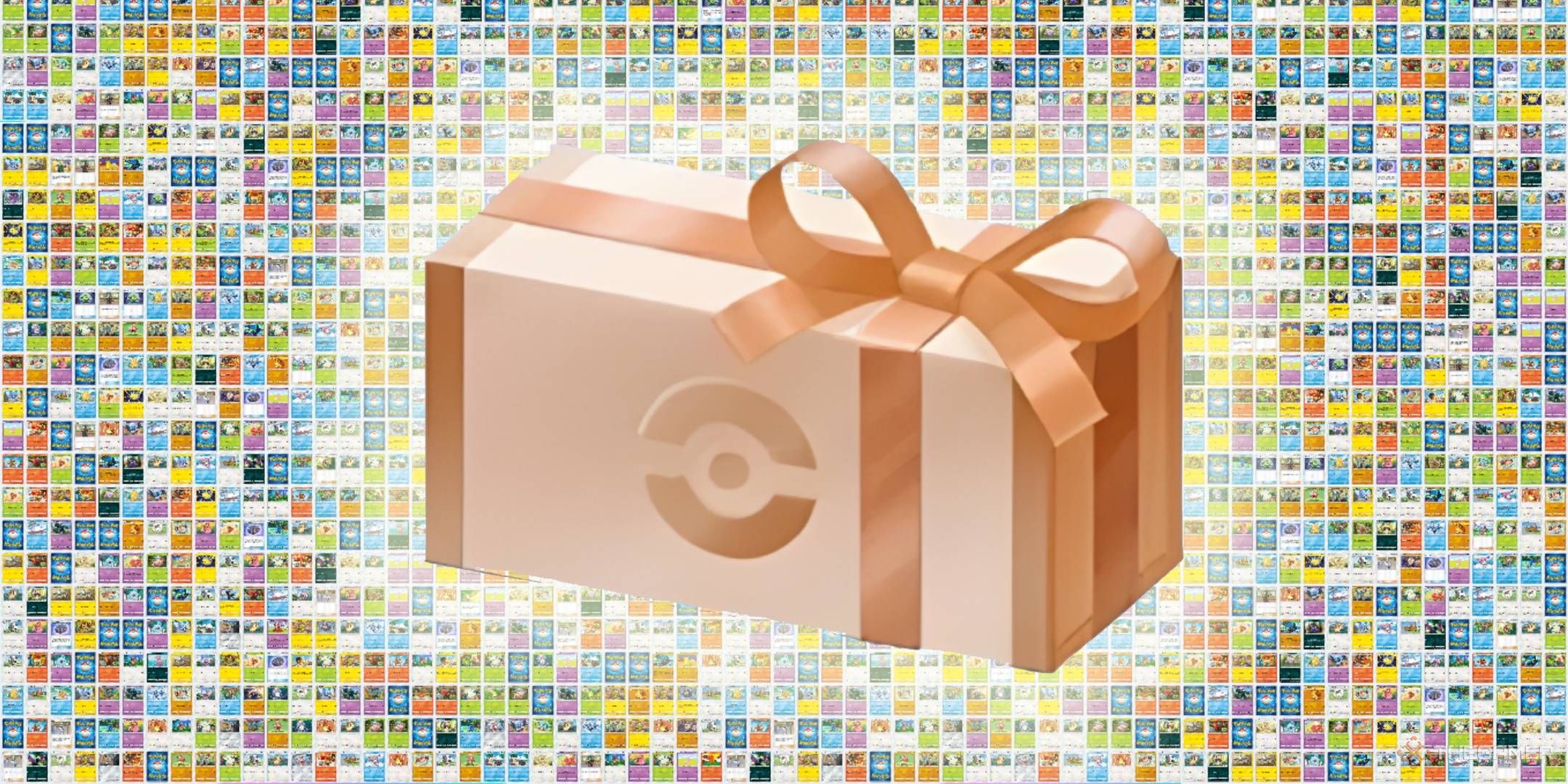 The Daily Gift box from Pokemon Trading Card Game Pocket, over a layout of cards.