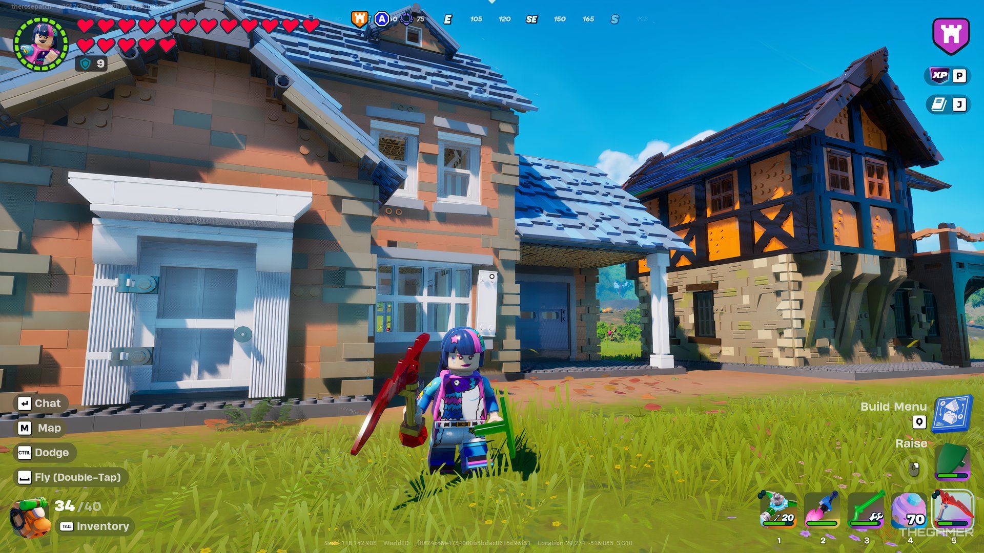 Lego Fortnite Odyssey Character Standing In Front Of Two Pre-Builds.