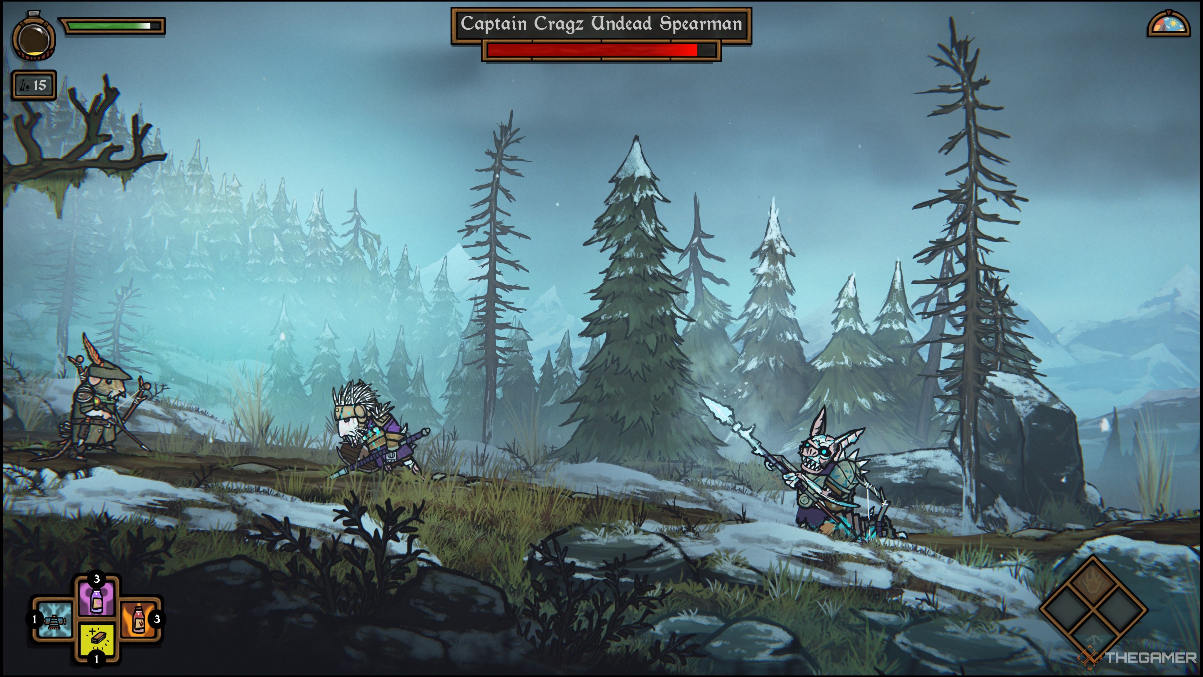 Arlo fights Captain Cragz Undead Spearman in Tails Of Iron 2: Whiskers Of Winter.