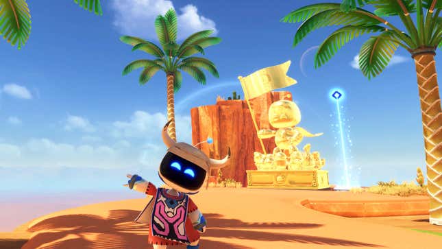 Astro Bot stands in front of a golden statue.