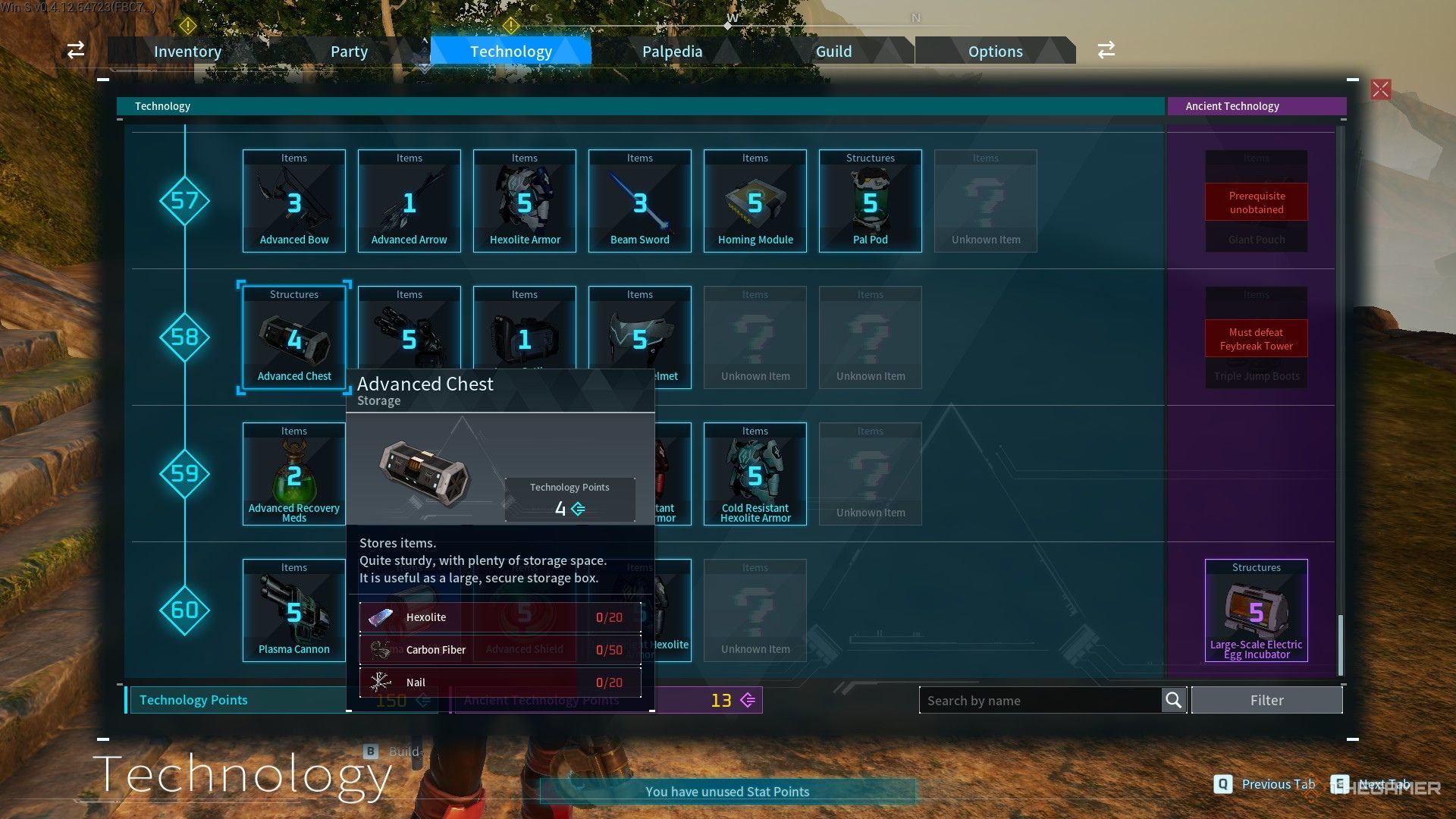 The image shows Advanced Chest requirements from the Technology menu in Palworld.