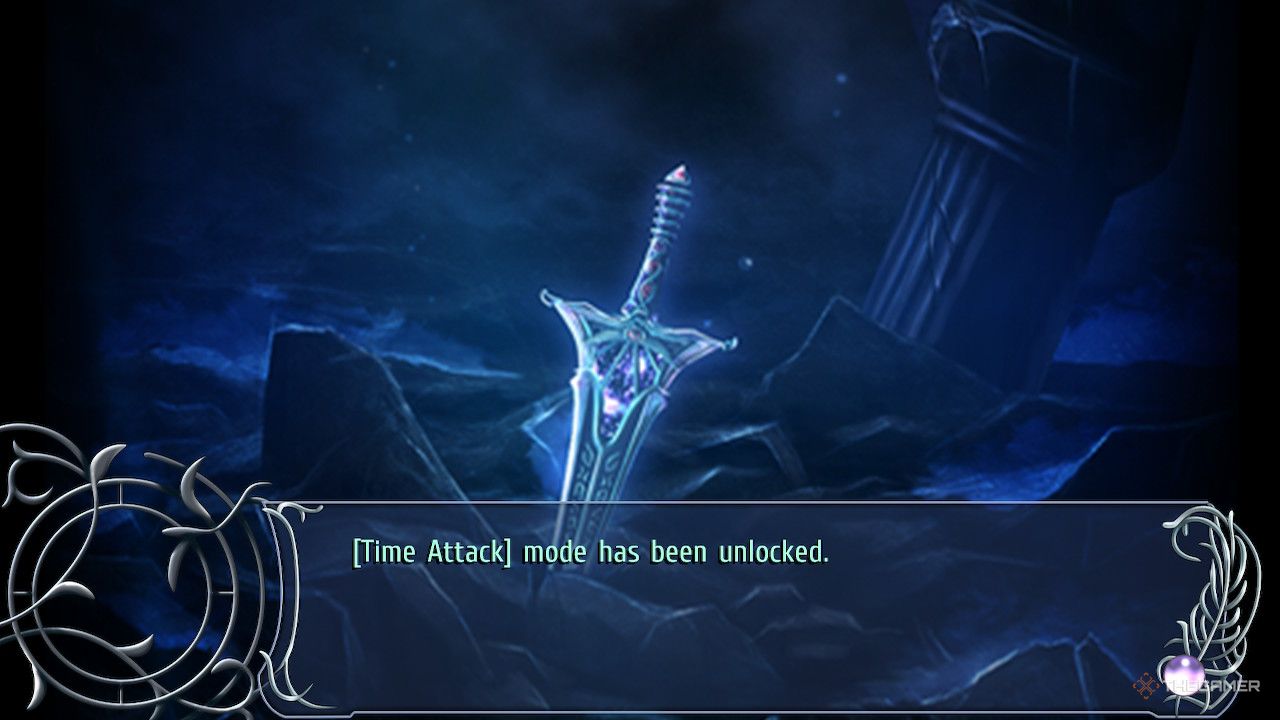 The brvae sword with a blue filter with text that says time attack mode has been unlocked in ys memoire the oath in felghana.