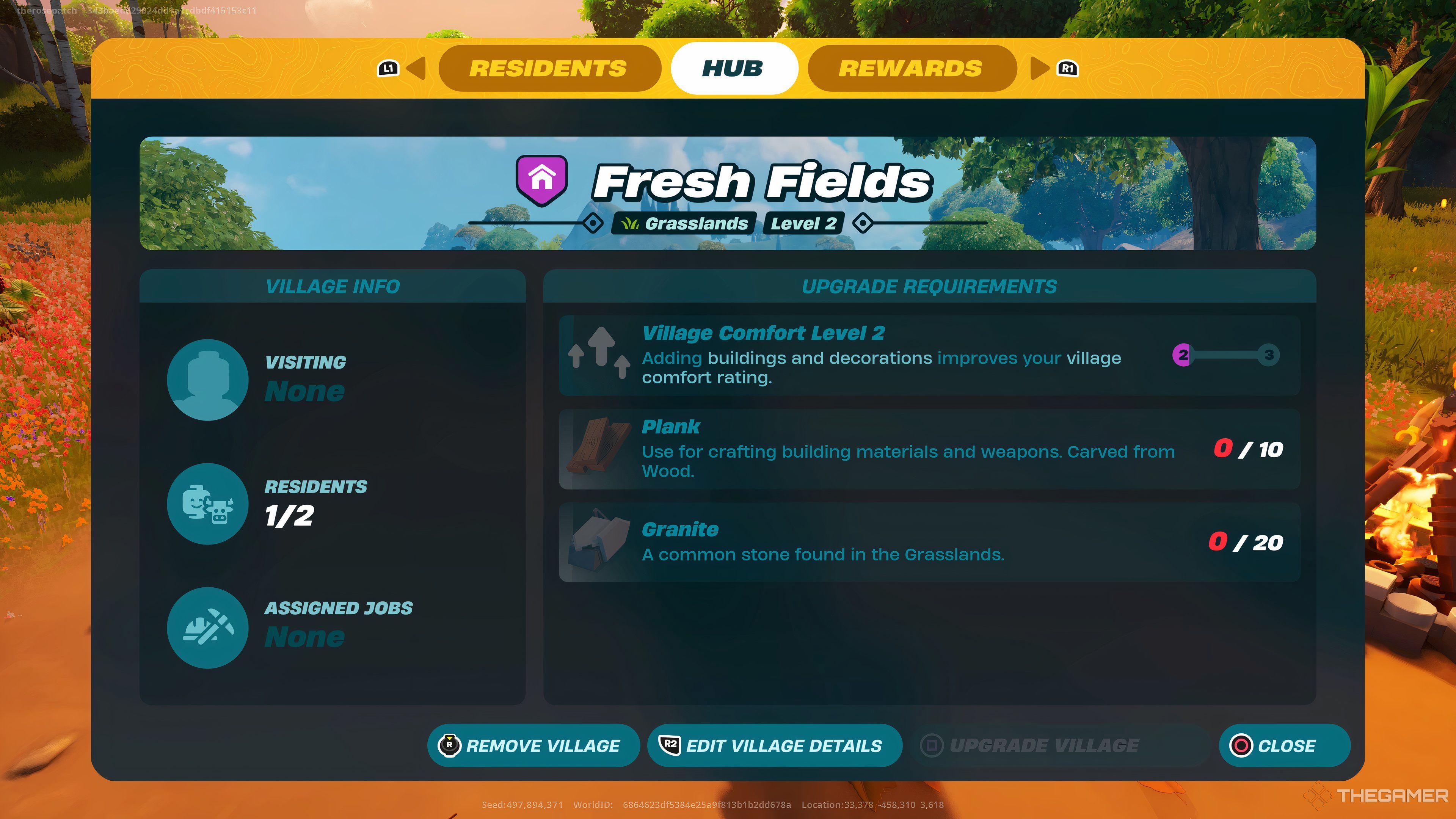 Village Menu showing the Hub tab with village name, level, biome, and upgrade requirements in Lego Fortnite.