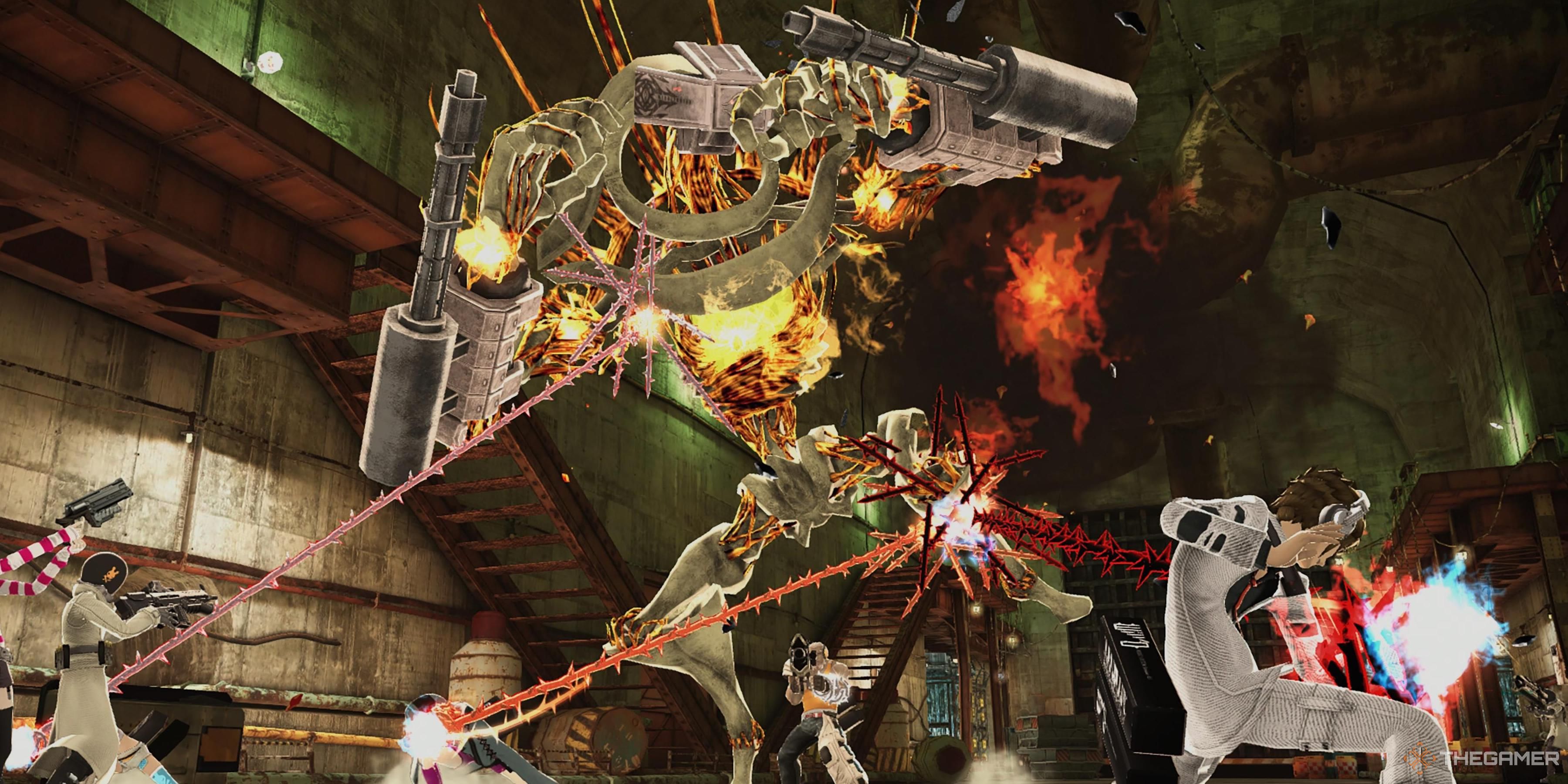 Characters using their Thorns to pull an Abductor down in Freedom Wars Remastered.