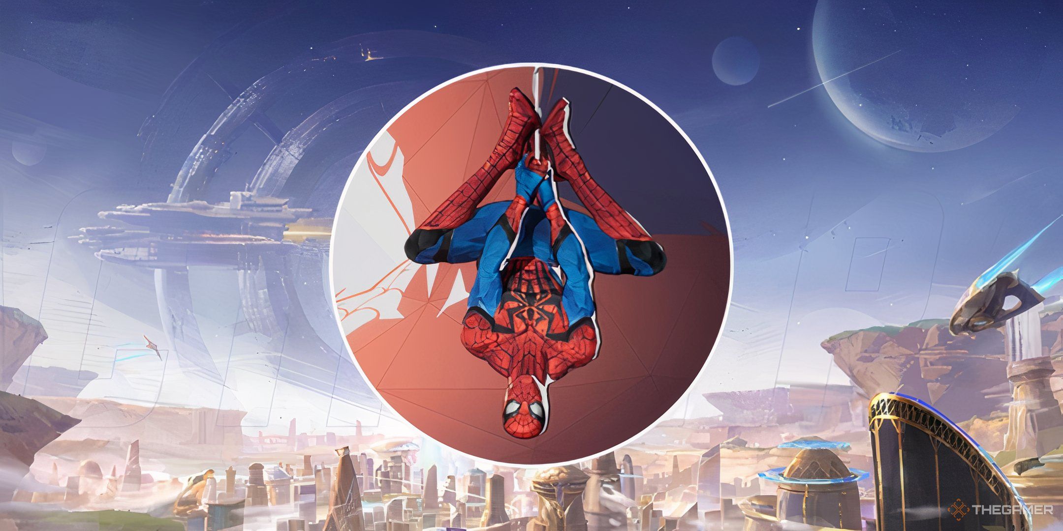 Spiderman hanging upside down from his web with scenery in the background from Marvel Rivals. 