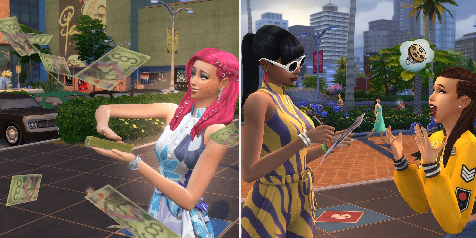 A collage showing a Sims throwing money in the streets and a celebrity giving an autograph to a fan.