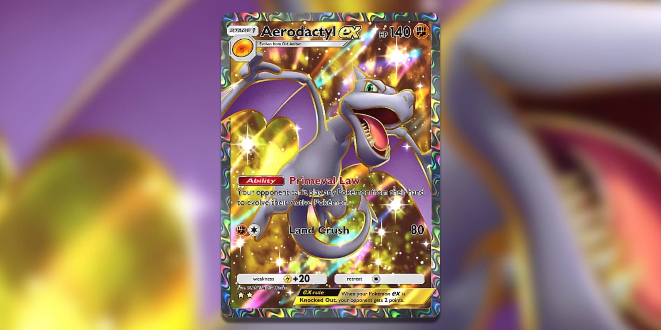 The Pokemon Pocket card Aerodactyl ex full art.