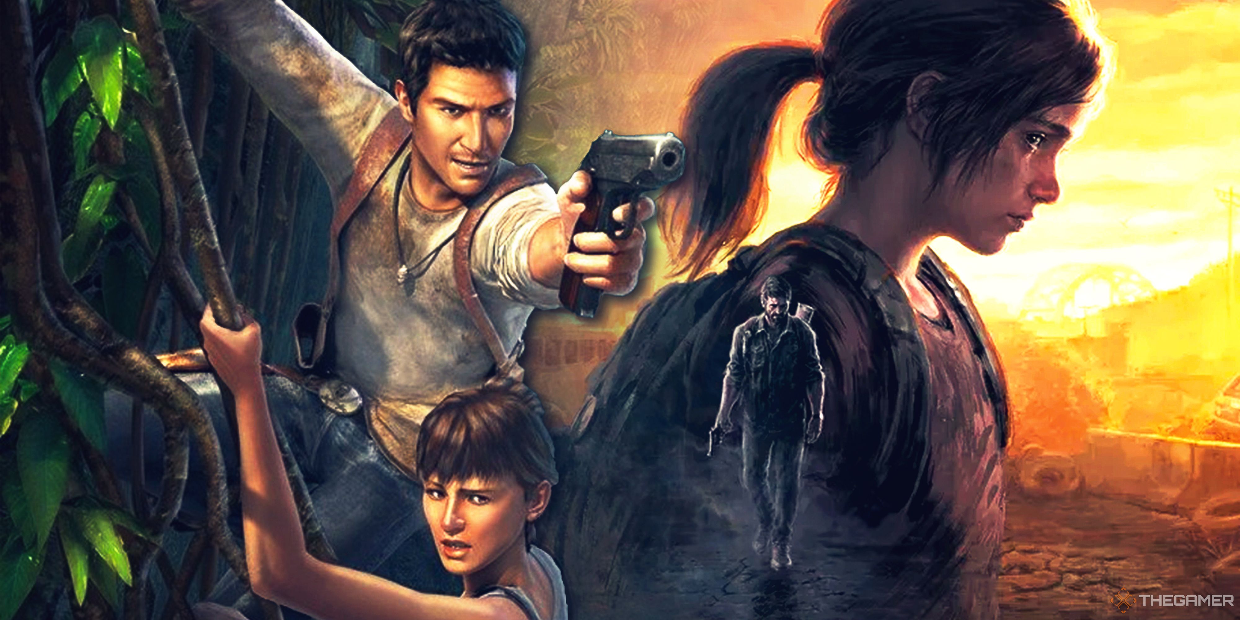 Collage image wiht Uncharted concept art on the left and The Last of Us Part 1 art on the right.