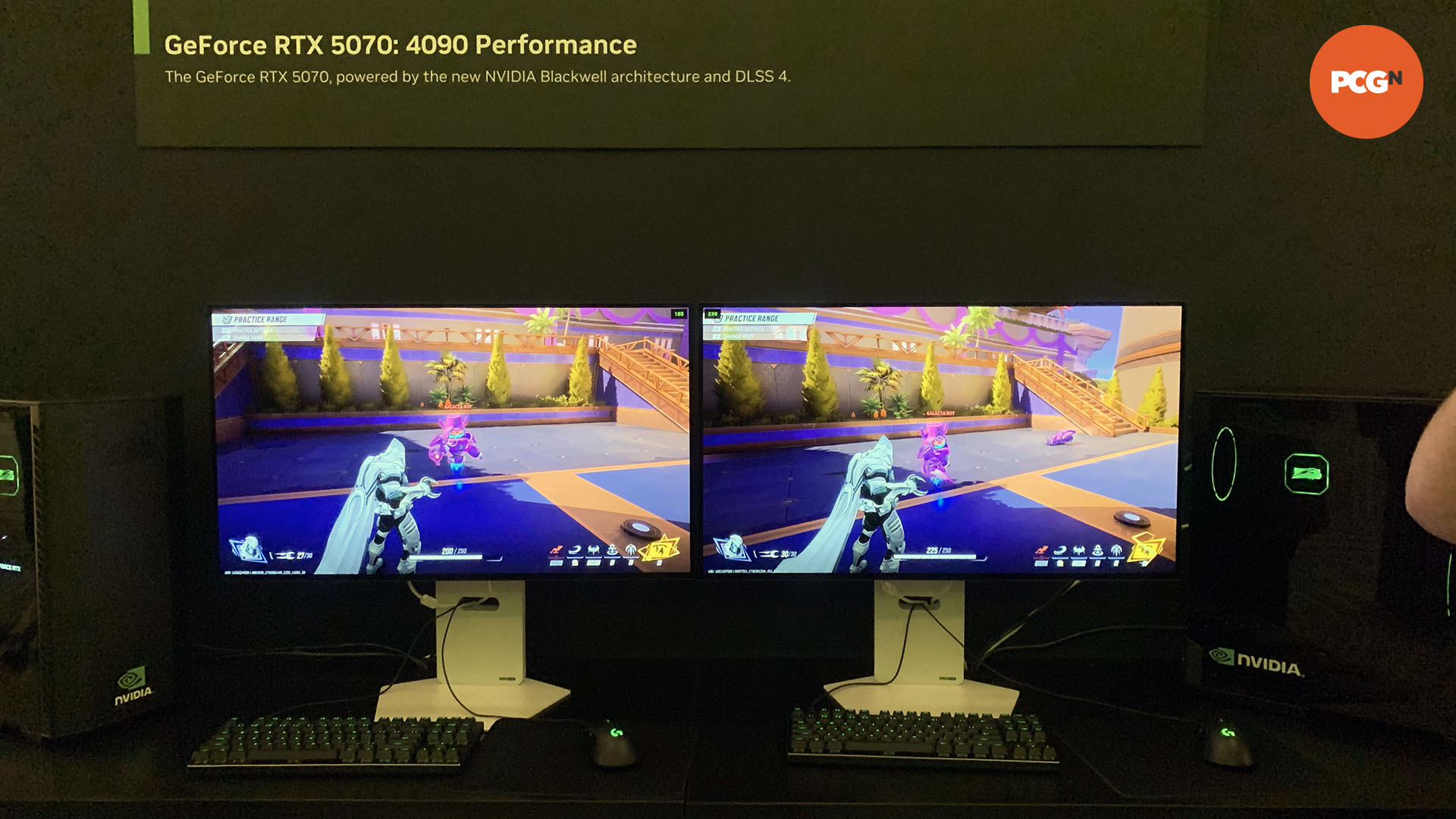 Nvidia GeForce RTX 5070 vs 4090 running Marvel Rivals at CES. The RTX 4090 is on the left, and the 5070 on the right.