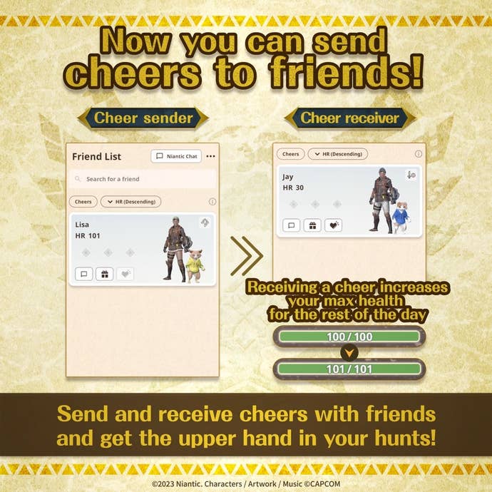 An infographic showing off the cheers functionality in Monster Hunter Now.