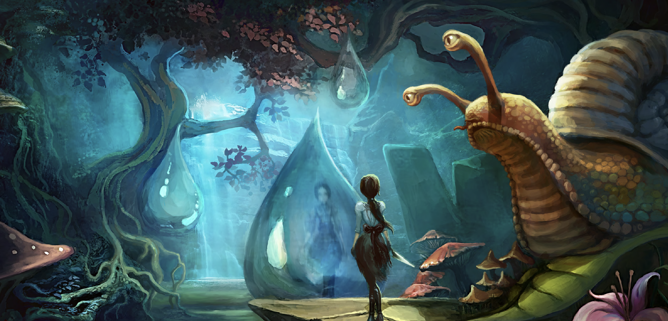 Concept art shows Alice staring into a giant teardrop.