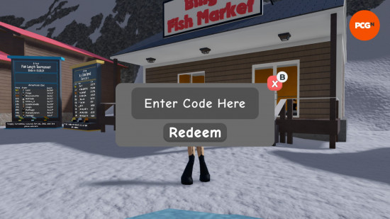 The text box for redeeming Ice Fishing Simulator codes in-game.