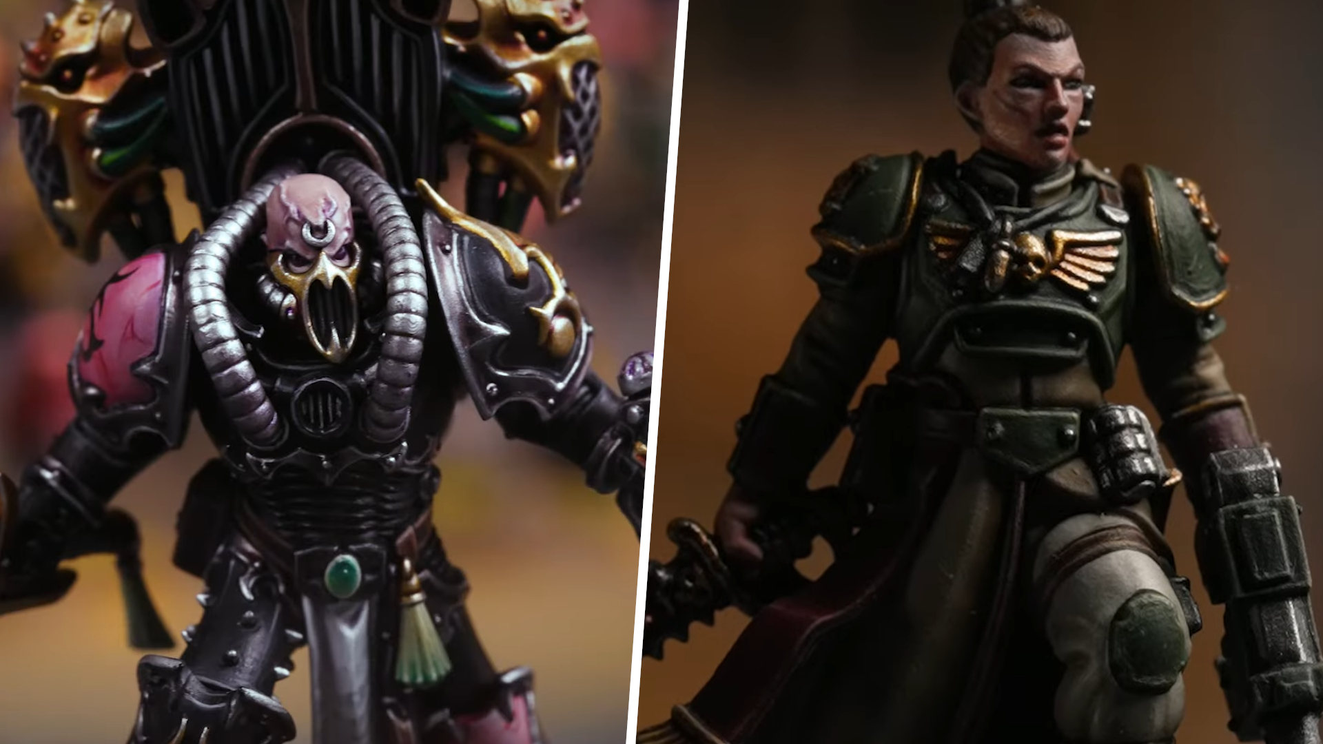 Two Warhammer 40,000 models, divided by a white line