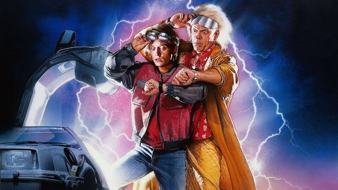 A section of the poster for Back to the Future Part 2 with Marty and Doc staring at their watches in horror.