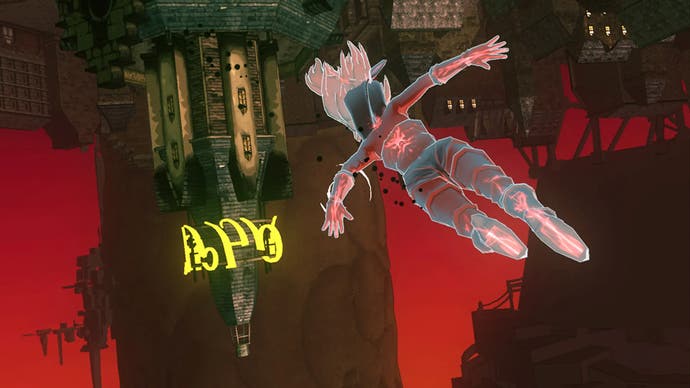 Gravity Rush screenshot showing you soaring through an upside-down world, with deep red sky