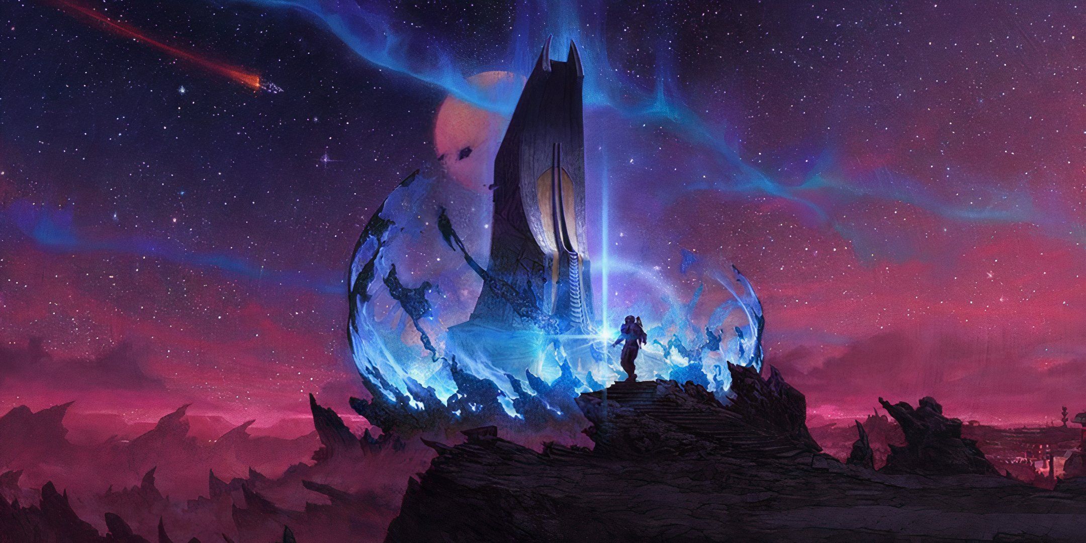 Art for Starfield's Shattered Space DLC, showing a purple sky full of stars. A character walks towards a strange tower. 