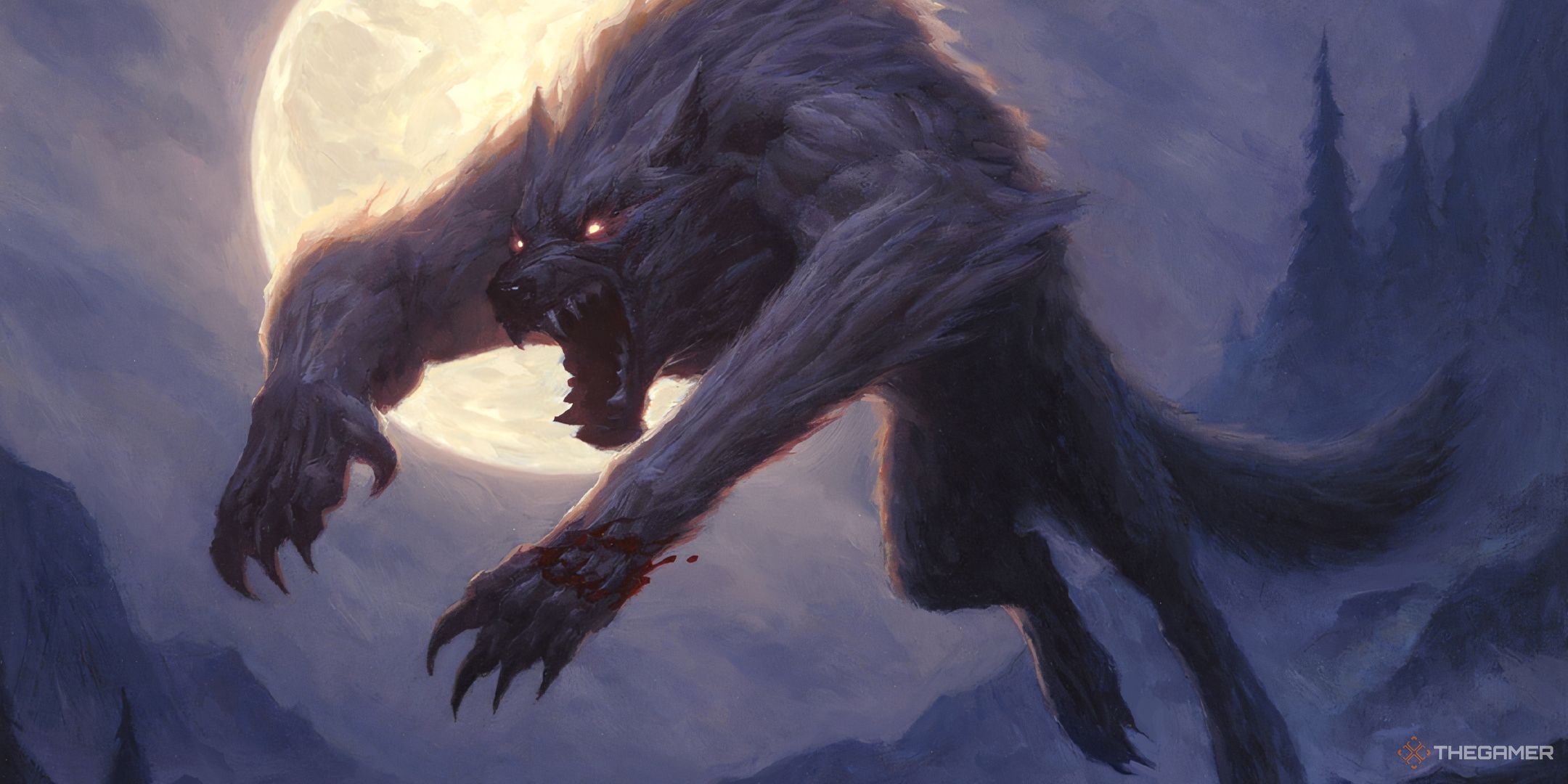 Ravager of the Fells by Chris Rahn, showing a werewolf leaping in front of a full moon.