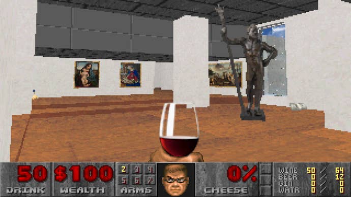 Doomguy carrying around some wine while looking at art in Doom: The Gallery Experience.