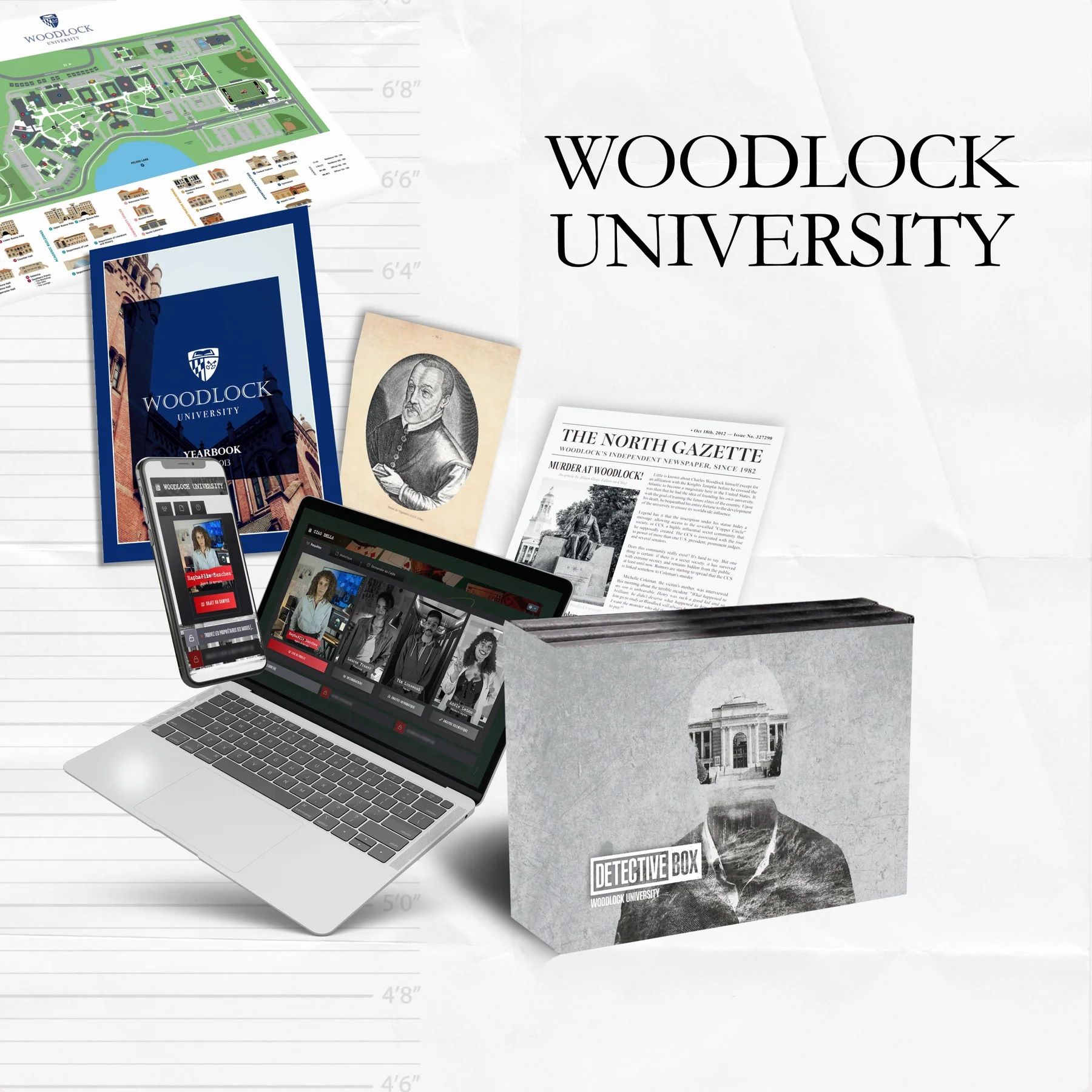 Woodlock University Detective Box kit and laptop.