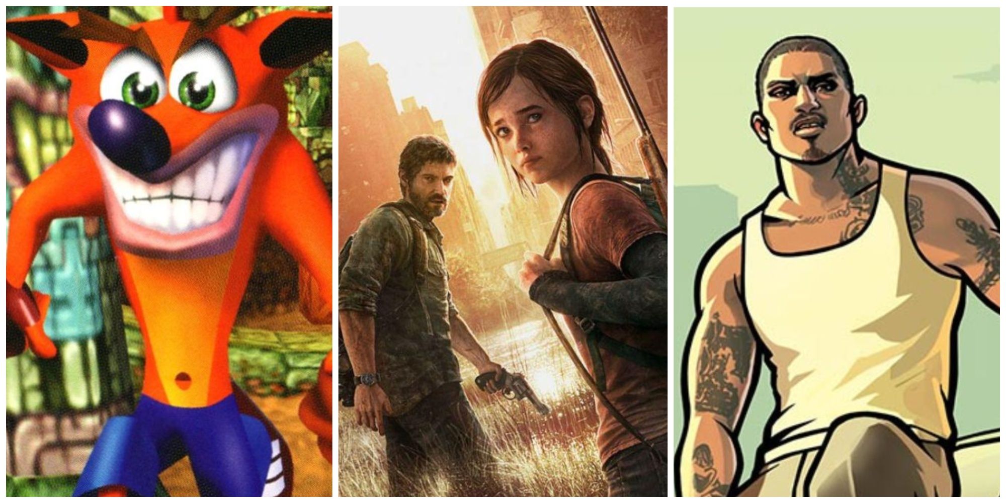 Feature header with Crash Bandicoot, Last Of Us Joel and Ellie, and GTA San Andreas CJ