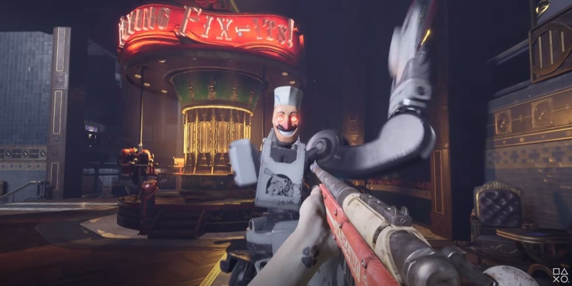 Aiming a gun at a smiling robot in Judas