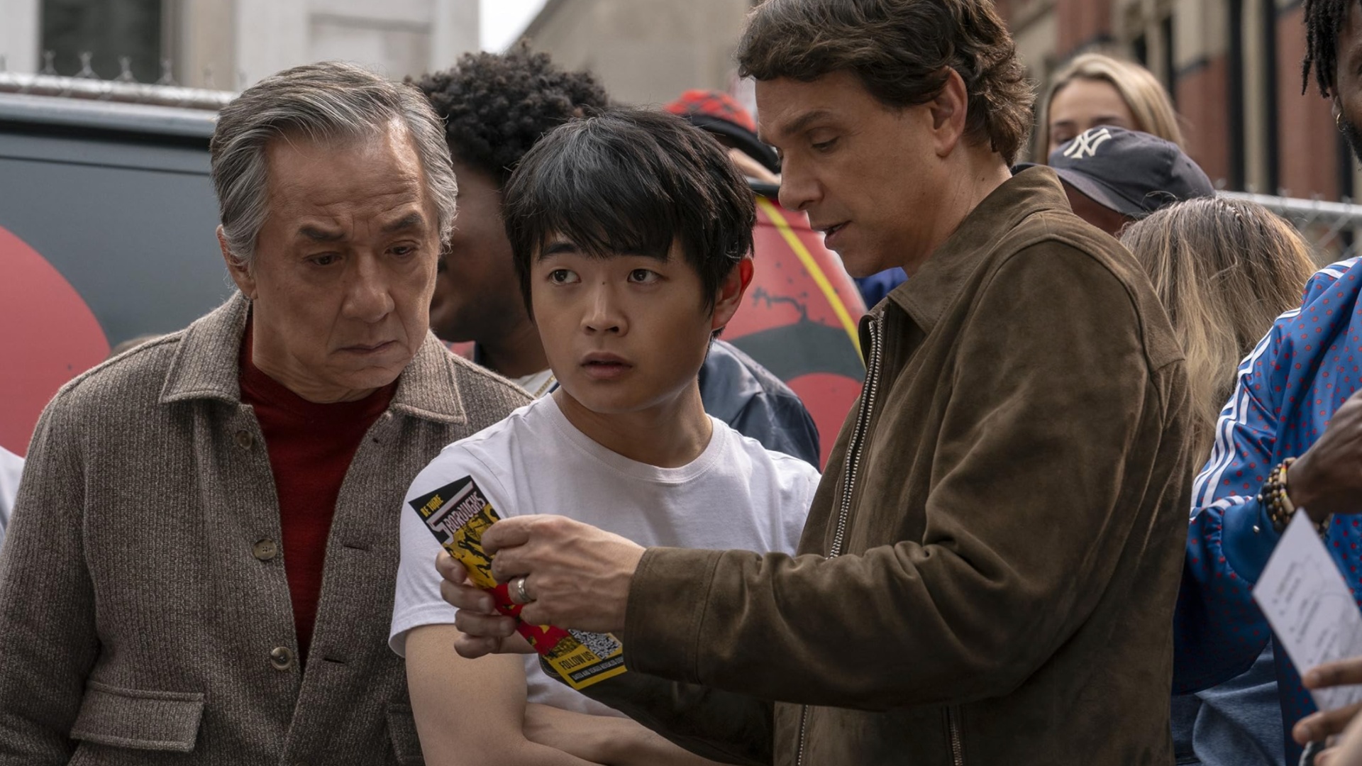 Jackie Chan, Ben Wang, and Ralph Macchio as Mr. Han, Li Fong, and Daniel LaRusso in Karate Kid: Legends