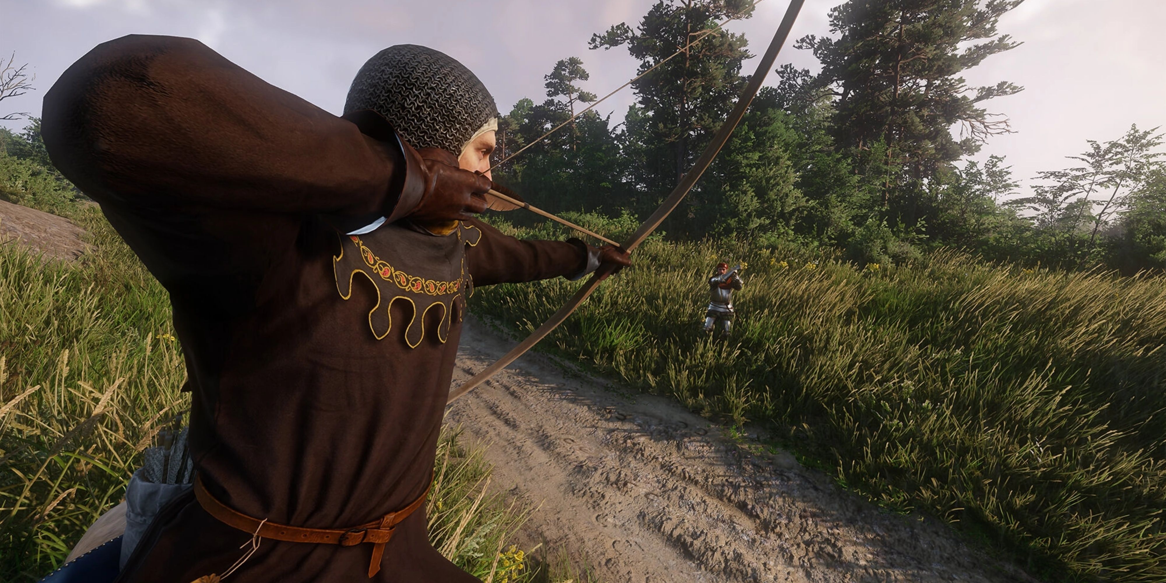 someone drawing an arrow in their bow in kingdom come deliverance 2.