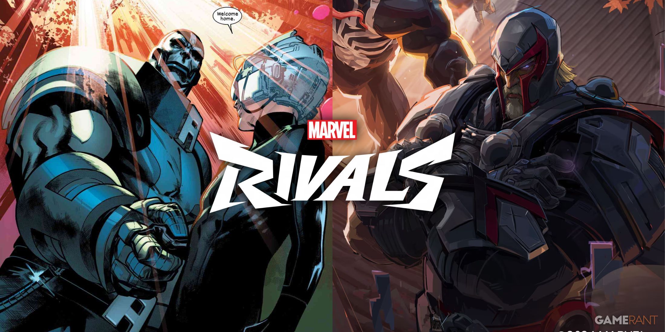 Apocalypse and Professor X shaking hands during an early issue of the X-Men comics in the Krakoan Age. They are contrasted with Magneto's depiction in Marvel Rivals. The Marvel Rivals logo is stamped on top to indicate the relevance of Marvel Rivals leaks