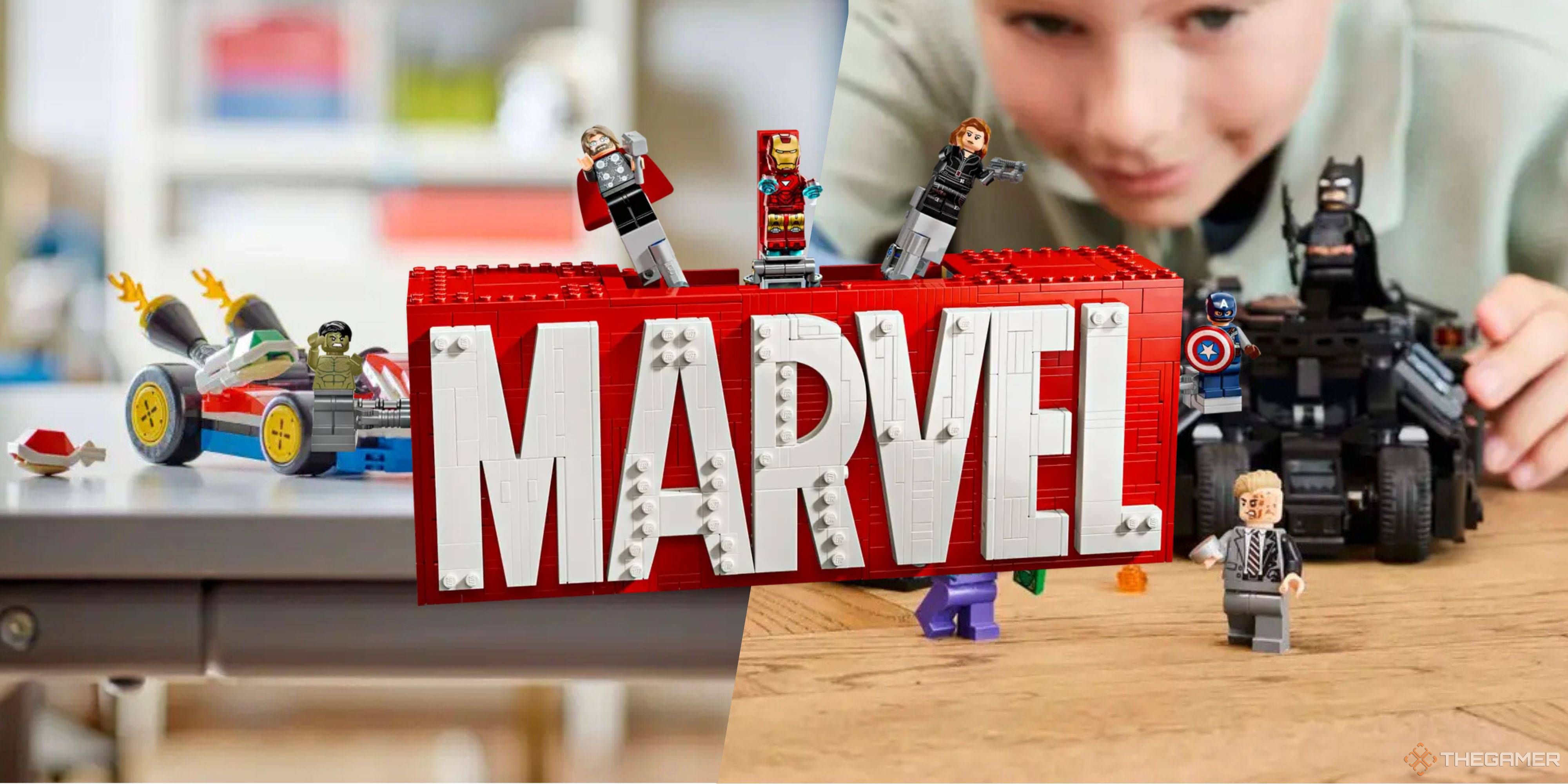 marvel logo lego set with mario kart and batmobile sets behind it.