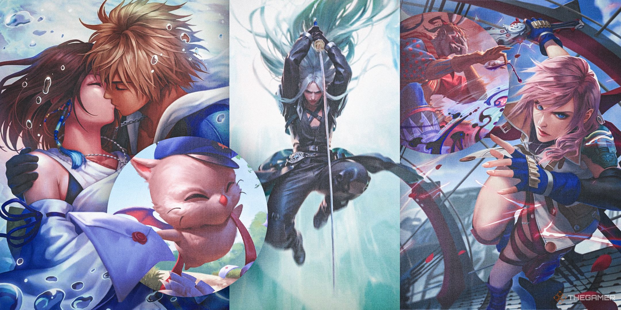 MTG Final Fantasy, showing Yuna, Tidus, a Moogle, Sephiroth, Kefka, and Lightning.