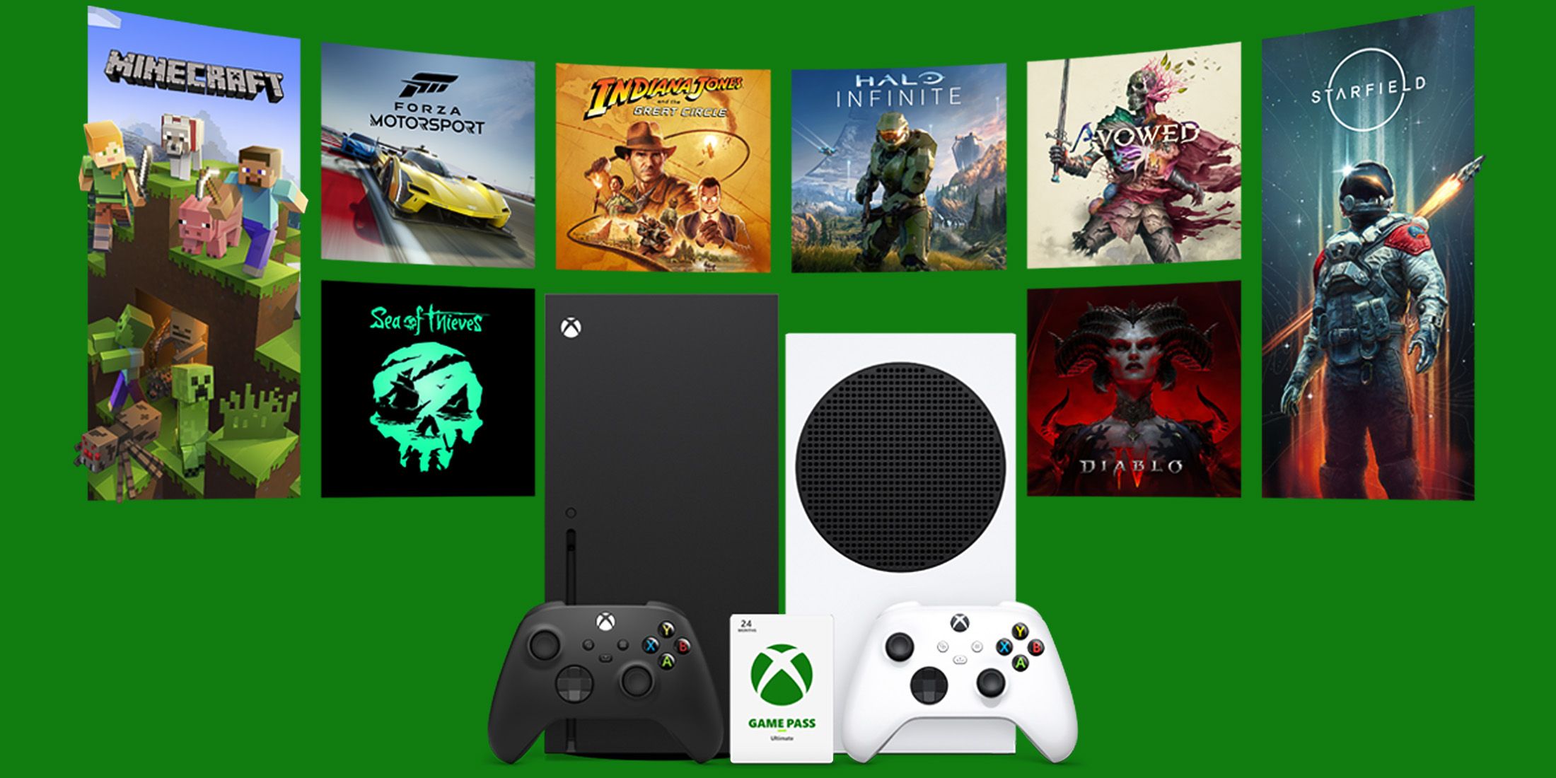 Xbox Game Pass gift card next to Series X and S and game catalog green background composite