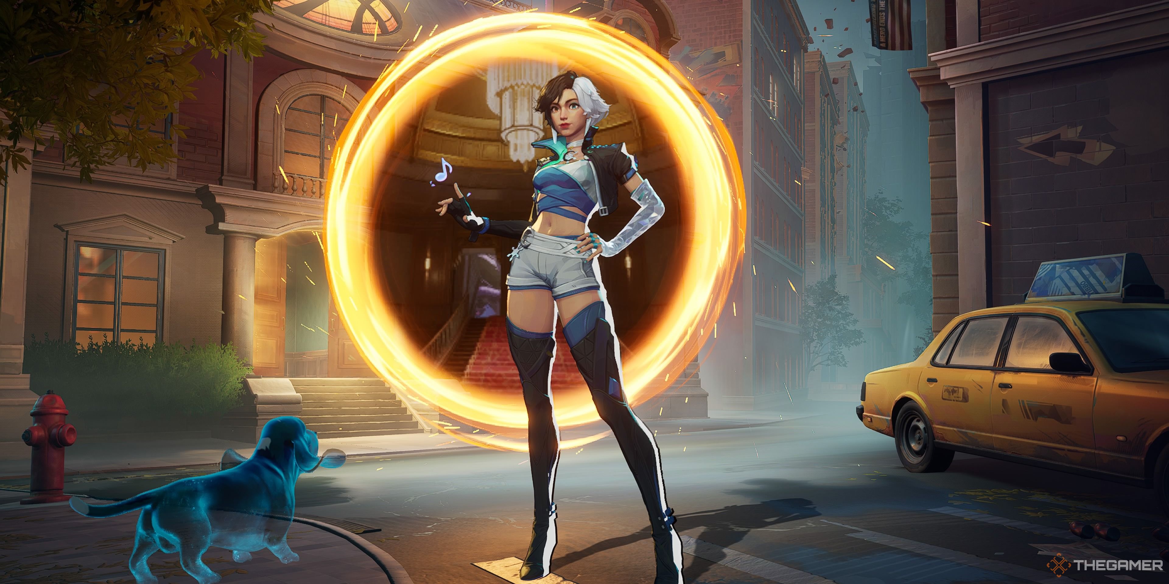 An image showing Luna Snow Queuing for Doom Match in Marvel Rivals. There is a Dr. Strange glowing orange portal in the background and Luna is nestled in between a few buildings.