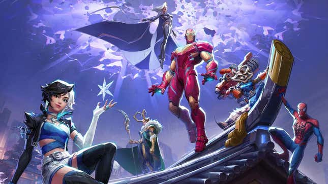 Luna Snow, Loki, Storm, Iron Man, Rocket, and Spider-Man are shown perched on top of a building.