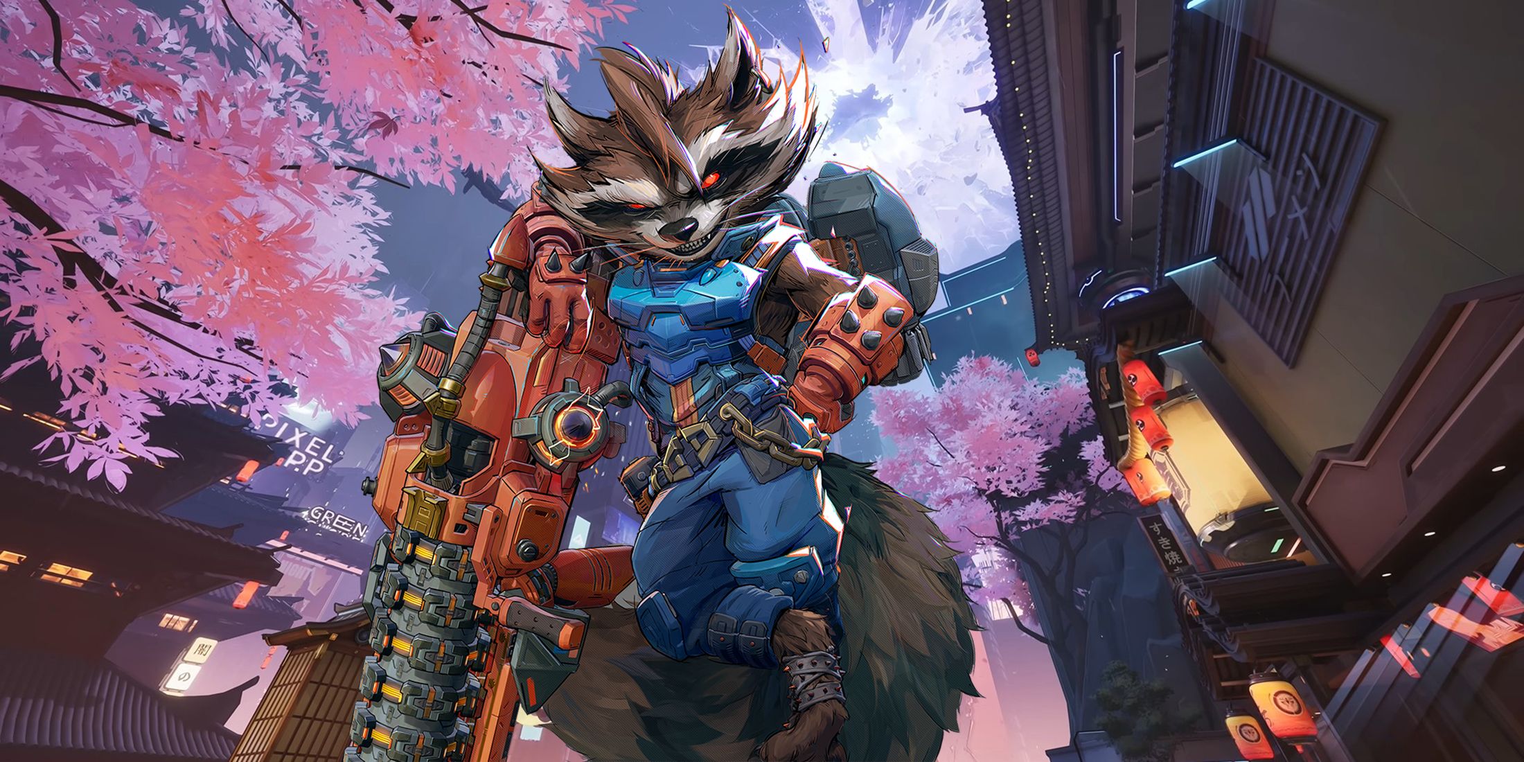 Marvel Rivals Rocket Raccoon set against the Tokyo map backdrop