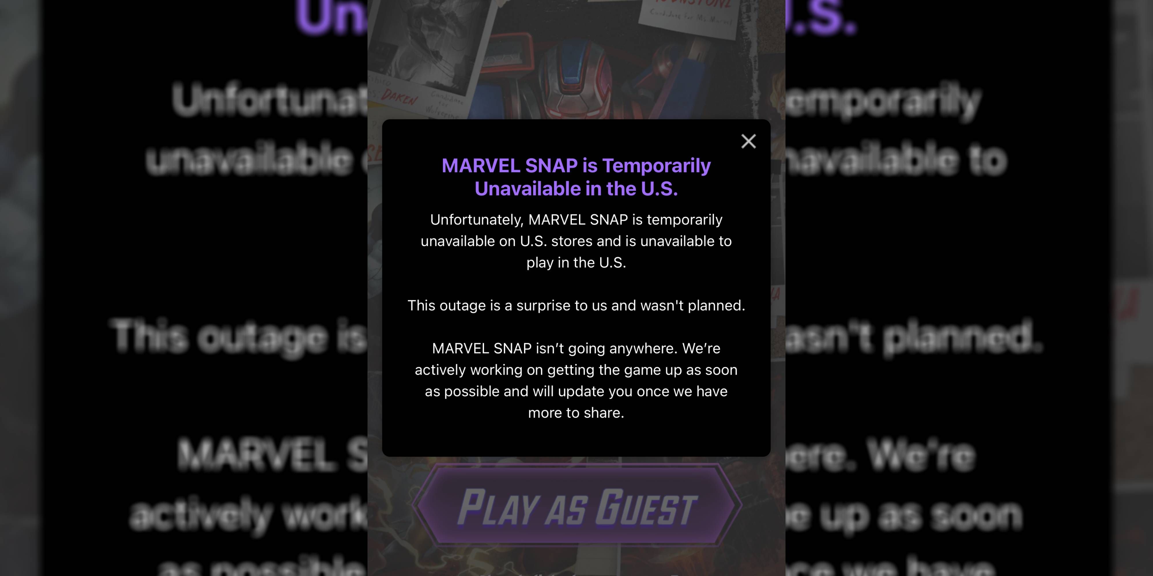 marvel snap warning while app is down in the us.