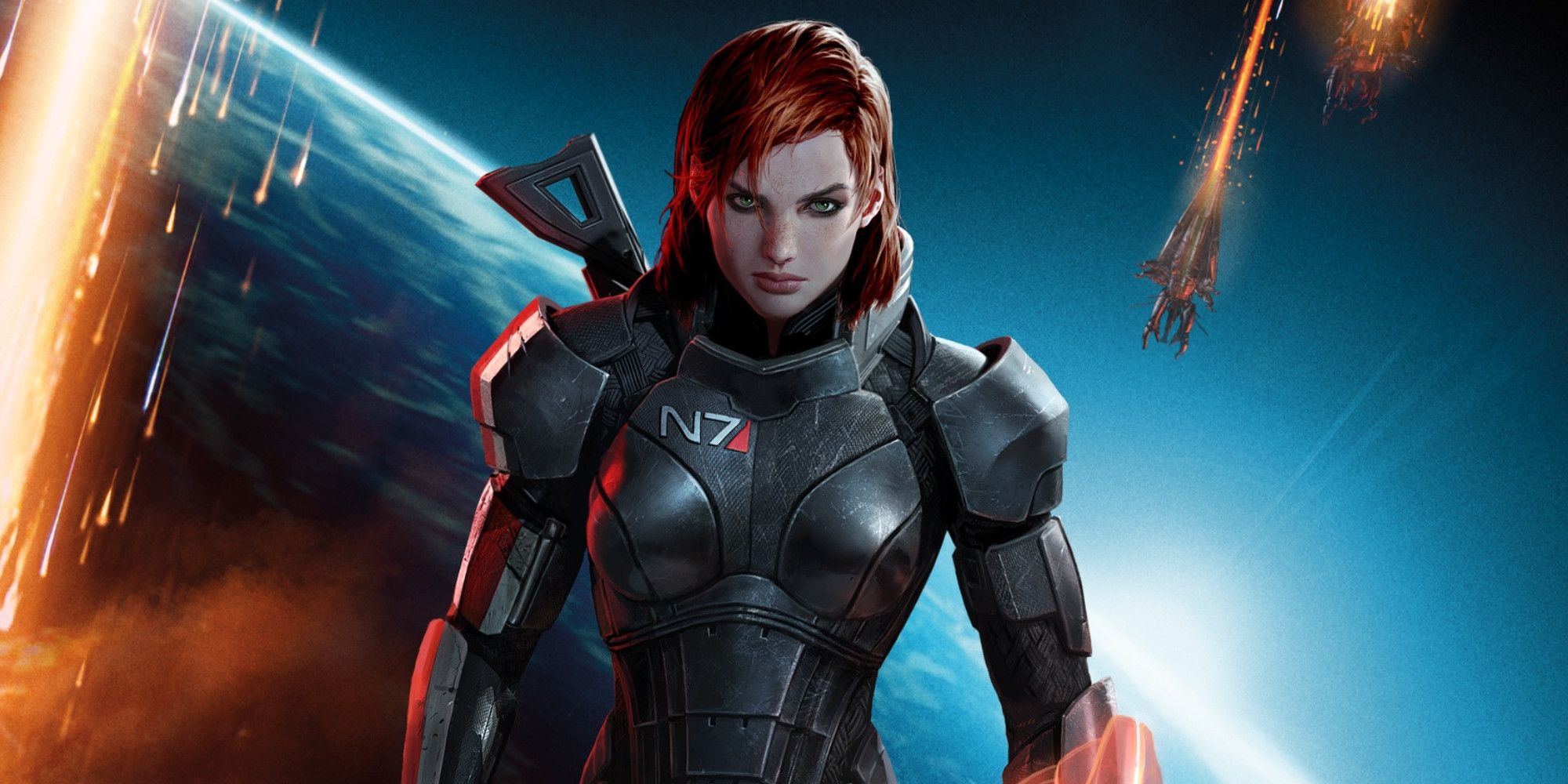 Commander Shepard standing in front of a planet with burning debris and Reapers coming down in the background in artwork from Mass Effect 3.