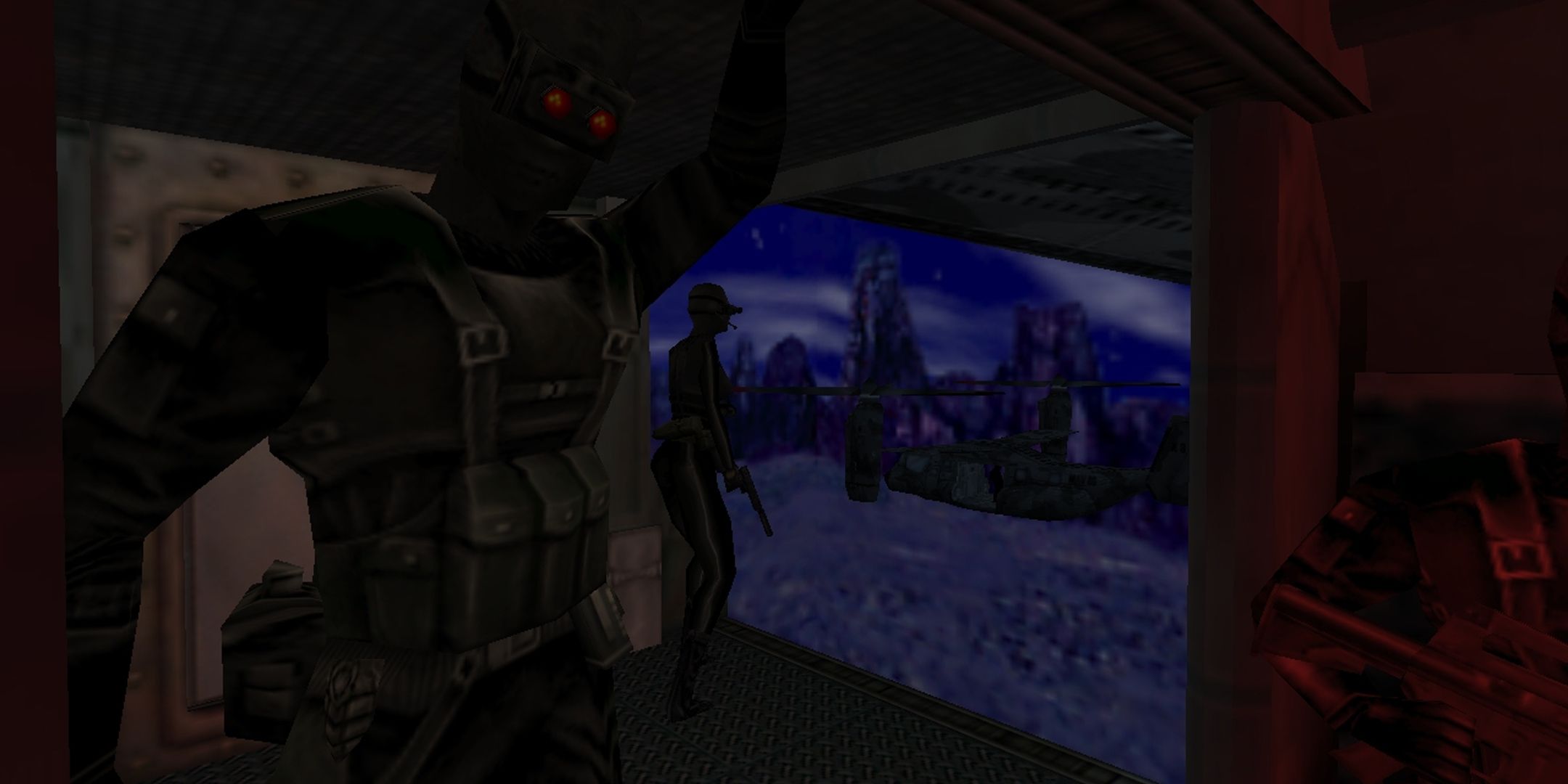 Half-Life Dark Matter screenshot of Black Ops assassins in a helicopter, arriving at Black Mesa.